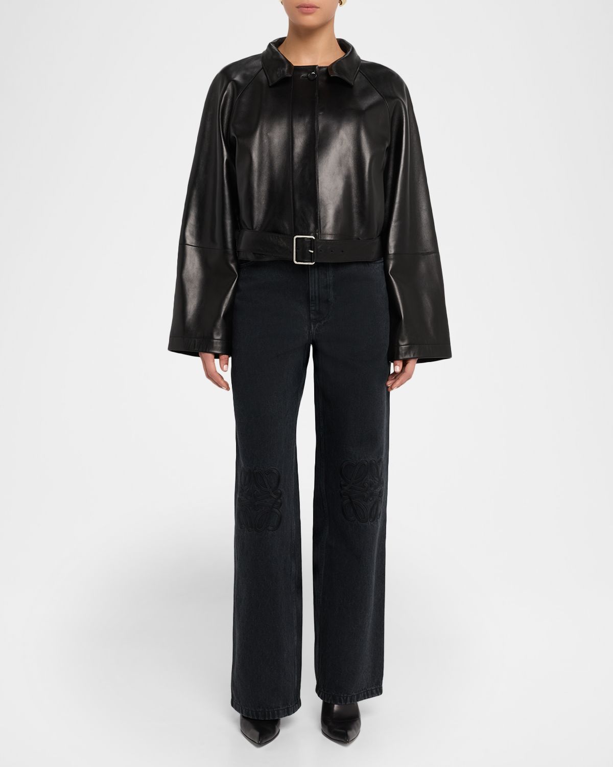 Loewe High-Neck Leather Belted Crop Trench Jacket