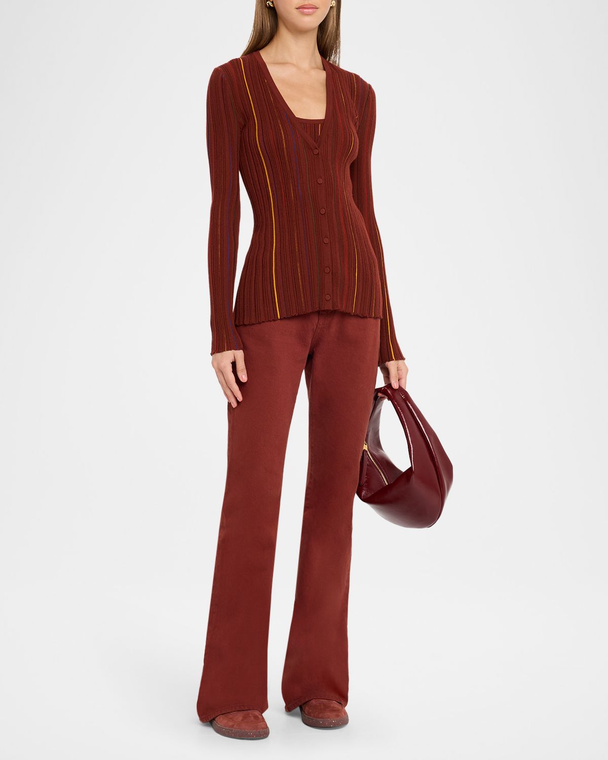 Gabriela Hearst Barth Pinstripe Pleated Knit V-Neck Cardigan
