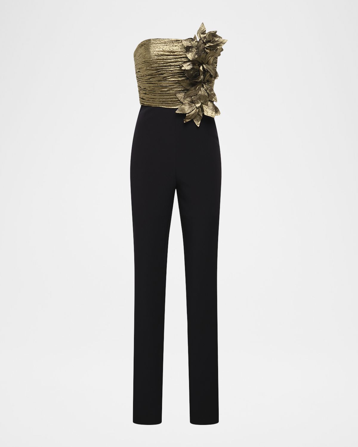 BCBGMAXAZRIA Metallic Lamé Flower Strapless Jumpsuit