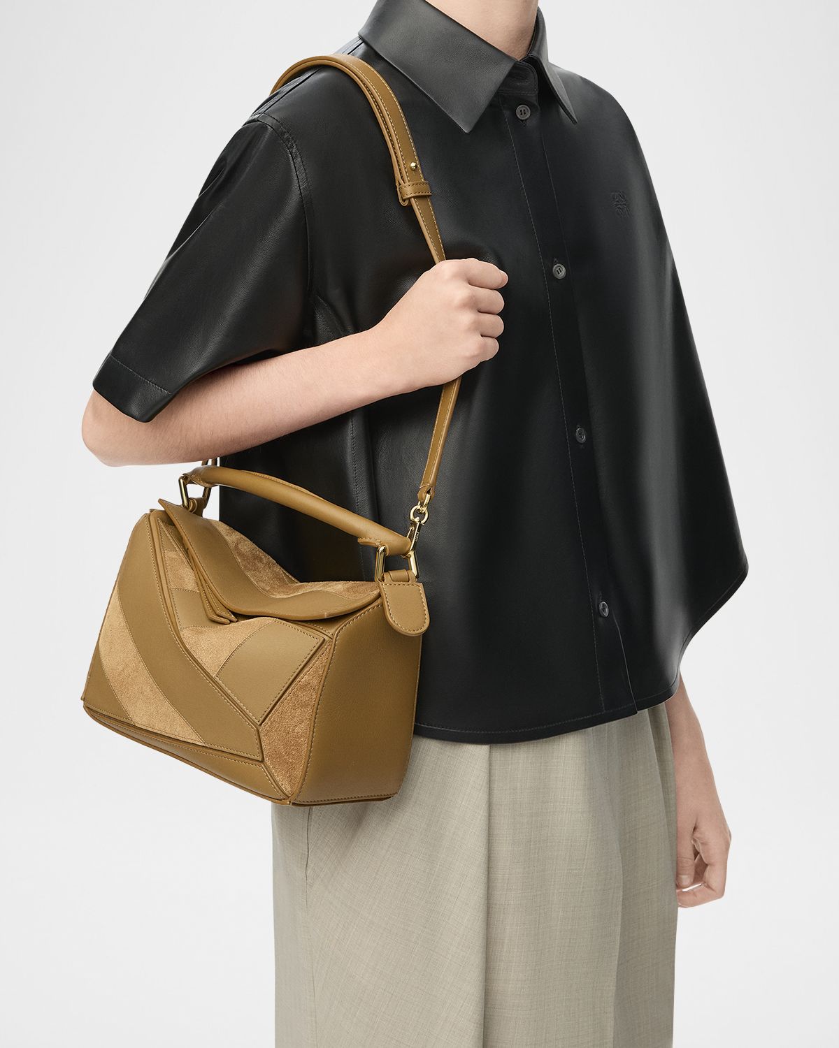 Loewe Puzzle Small Striped Top-Handle Bag in Leather & Suede