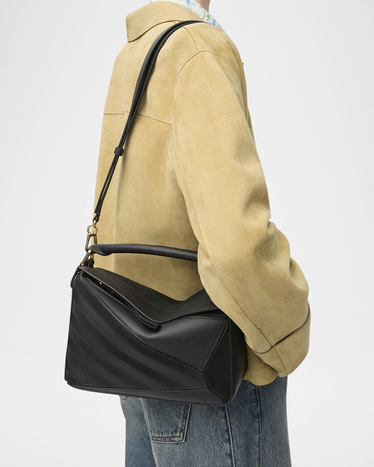 Loewe Puzzle Small Striped Top-Handle Bag in Leather & Suede