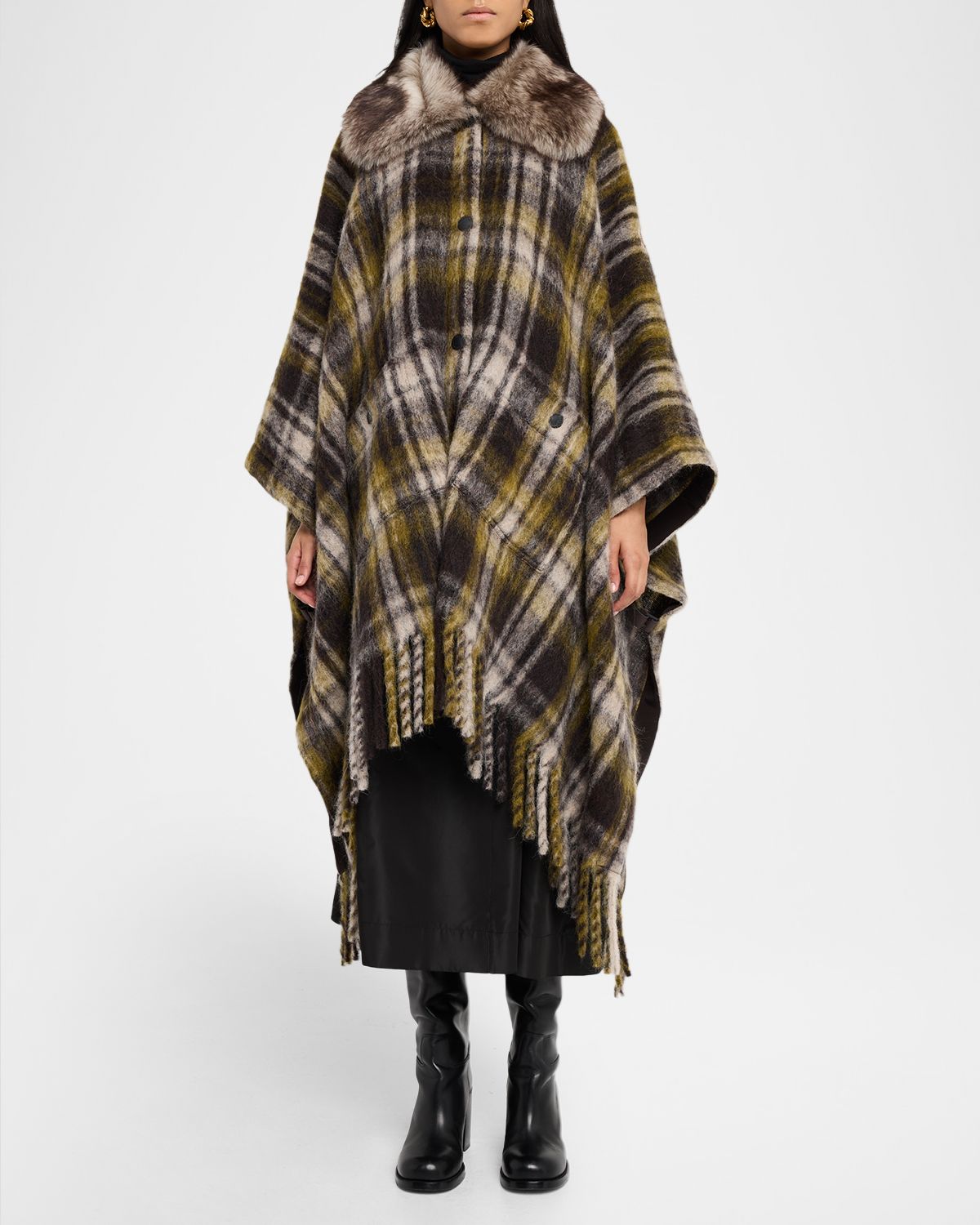 Moncler Grenoble Plaid Mohair, Alpaca & Wool Blend Fringed Cape