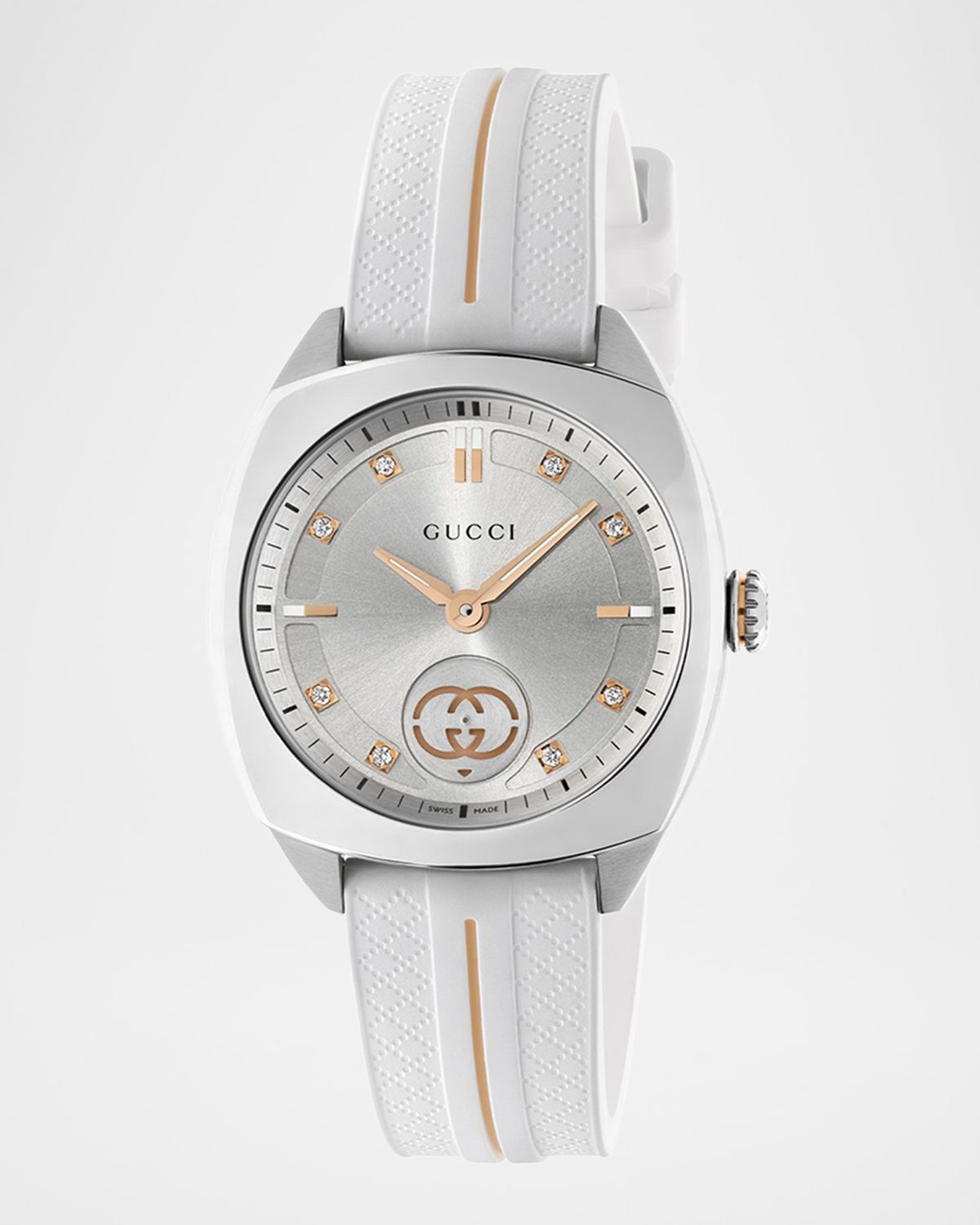 Gucci 29mm  Interlocking Diamond Watch with Rubber Strap, White