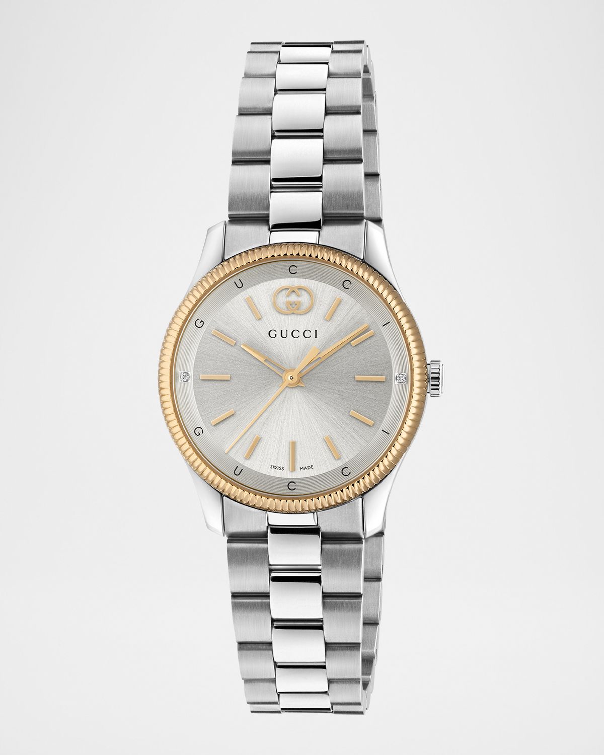 Gucci 29mm G Timeless Bracelet Watch with Diamonds, Pink Gold and Steel