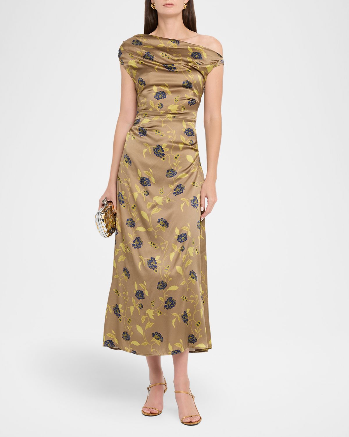 STAUD Phare Asymmetric Floral Silk Midi Dress