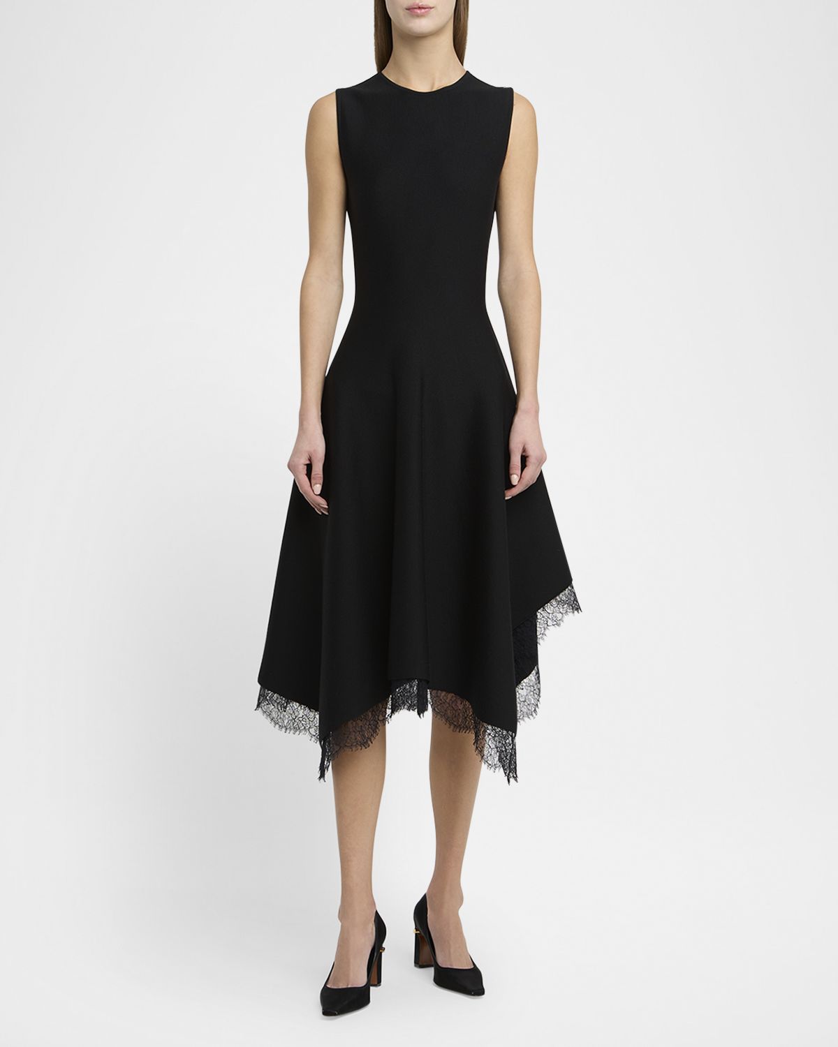 McQueen Asymmetric Lace Hem Sleeveless Midi Dress