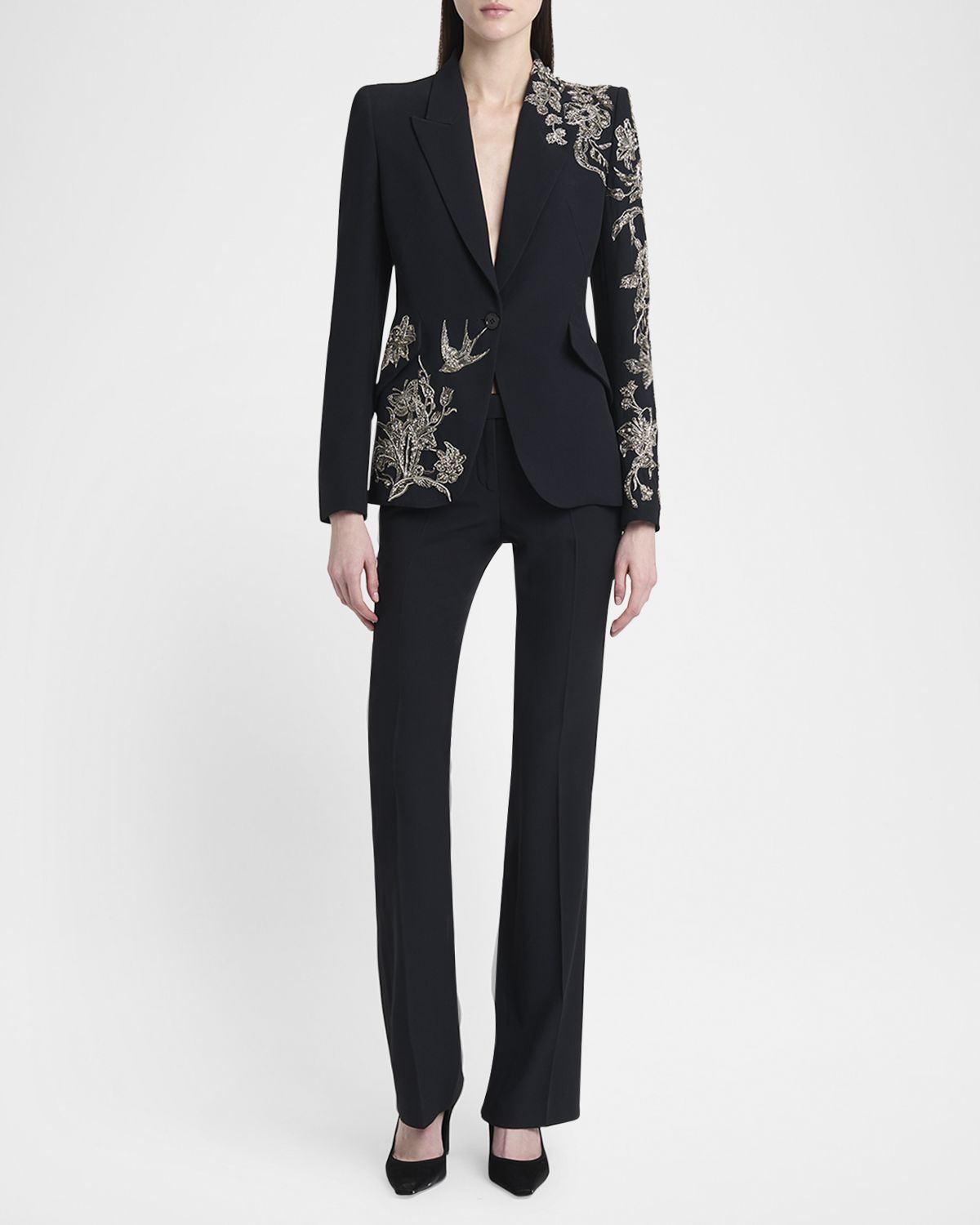 McQueen Crystal Embroidered Single-Breasted Blazer Jacket
