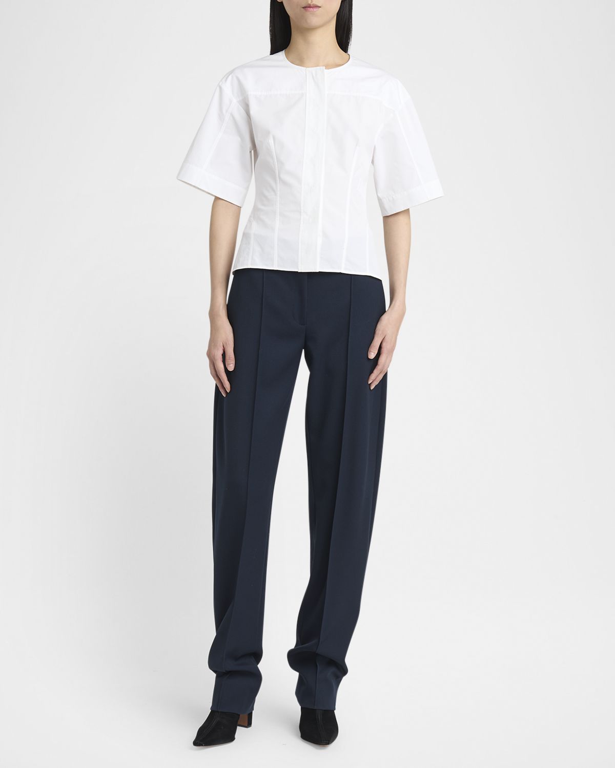 McQueen Short-Sleeve Corset Seamed Poplin Blouse