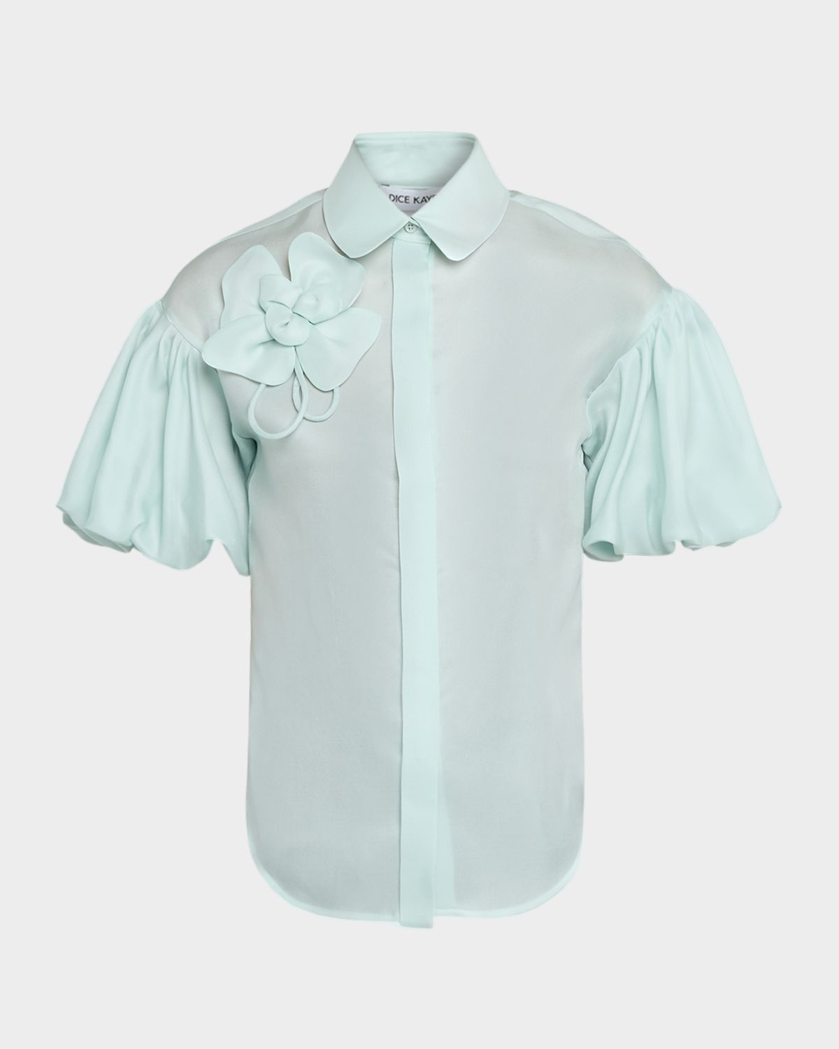 Dice Kayek Flower Applique Silk Puff-Sleeve Shirt