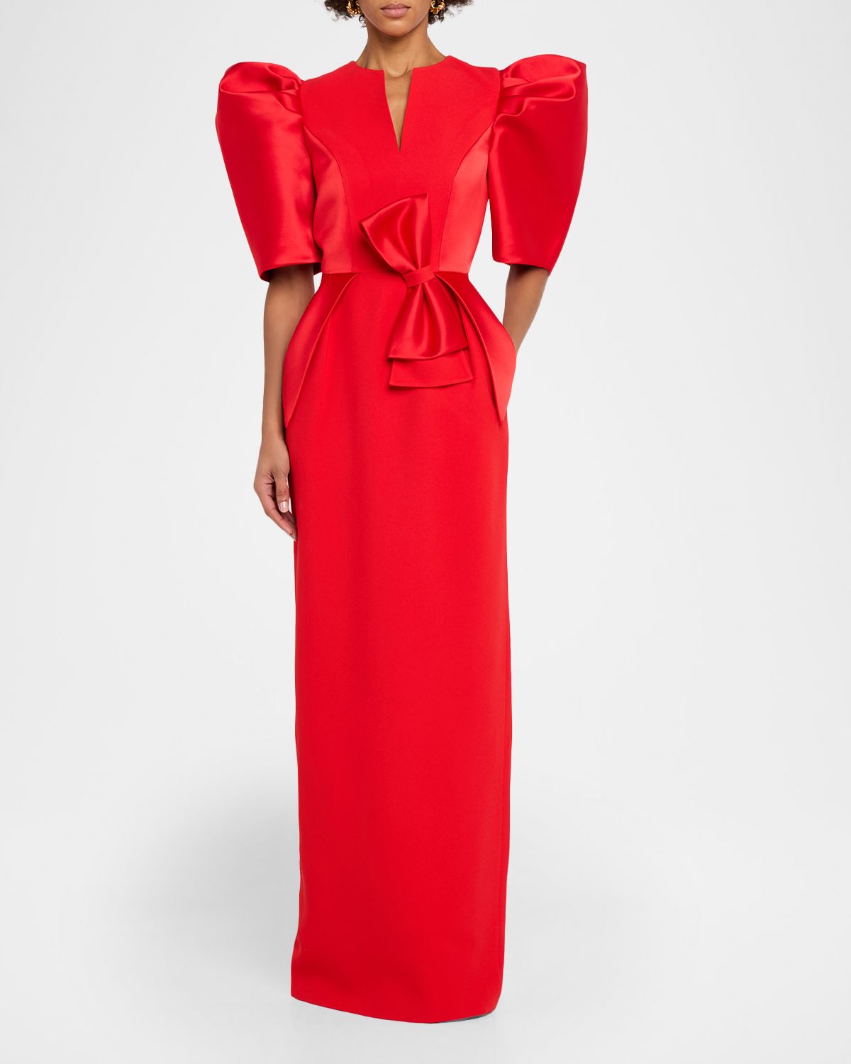 Dice Kayek Puff-Sleeve Satin Bow Column Gown