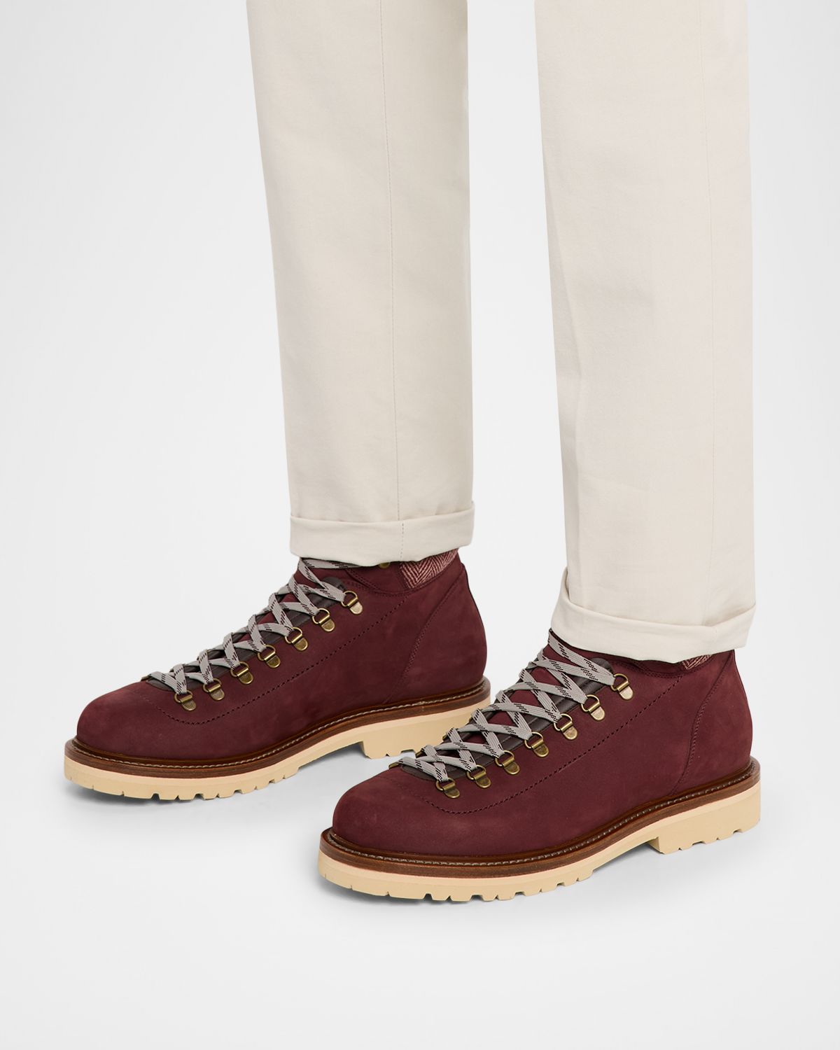 Brunello Cucinelli Men's Nubuck Fabric-Collar Hiking Boots