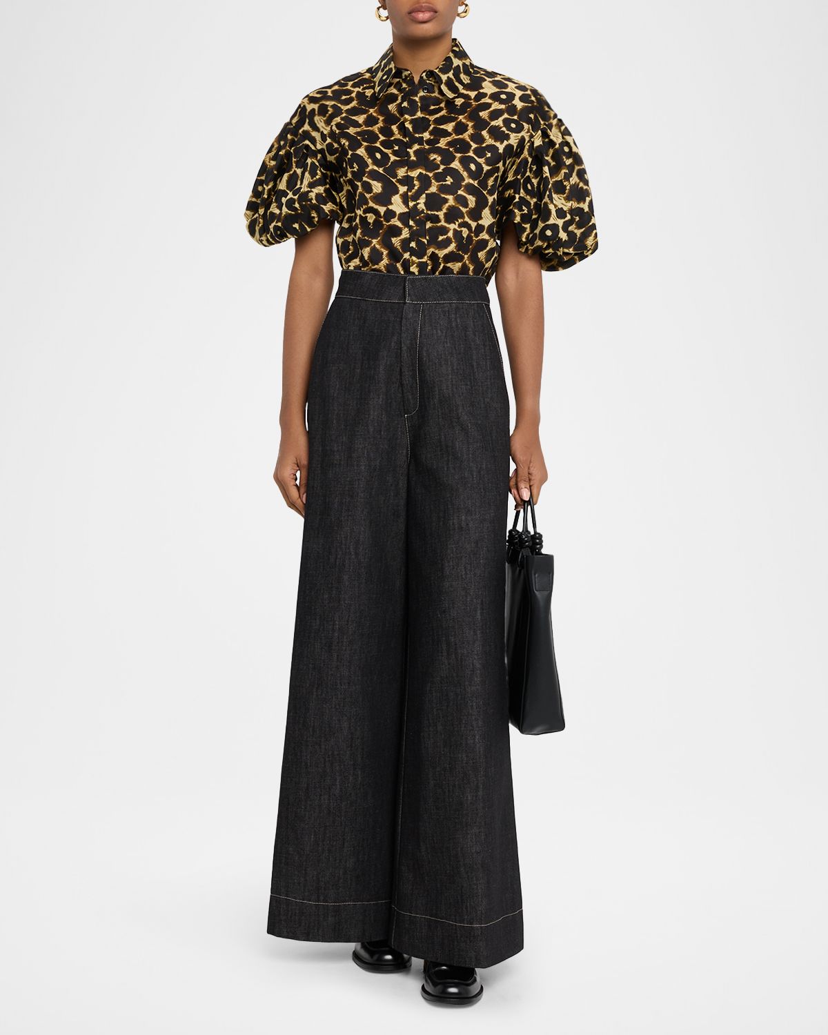 Dice Kayek Leopard-Print Puff-Sleeve Button-Down Shirt