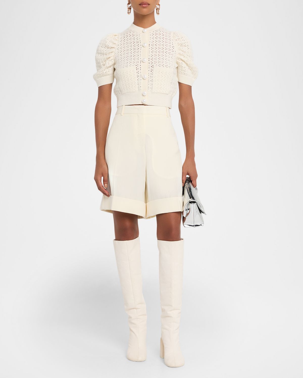 Dice Kayek Pointelle Knit Puff-Sleeve Crop Cardigan