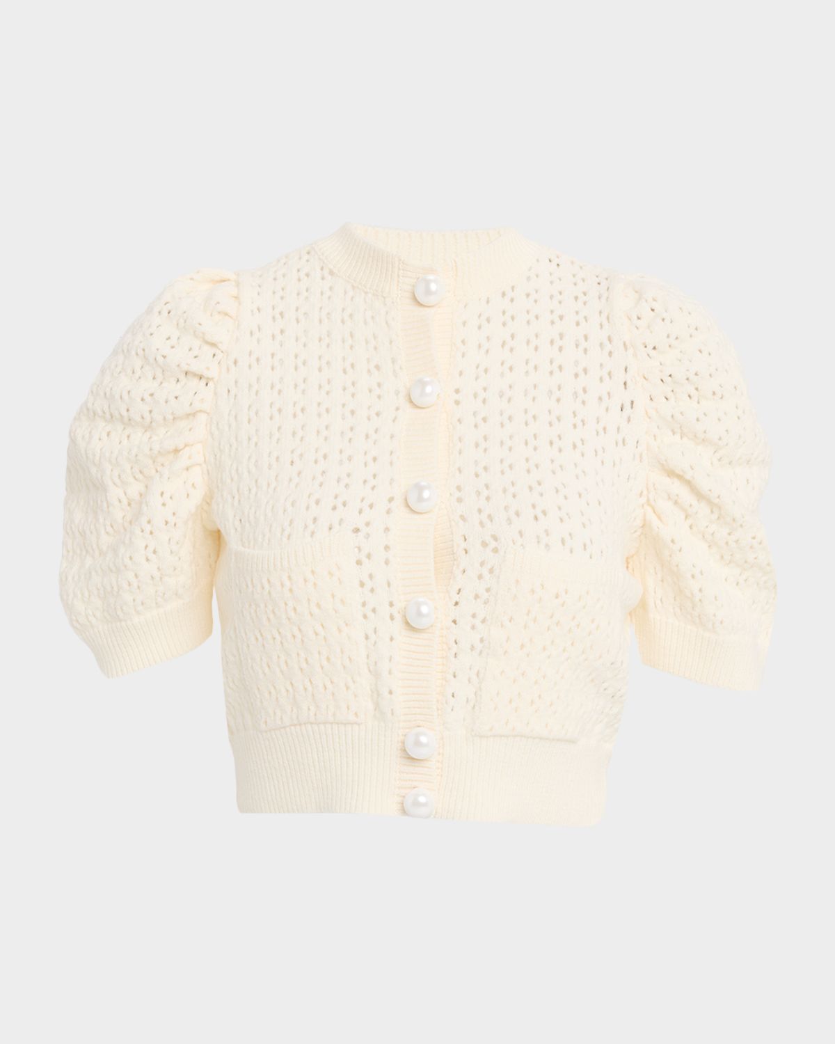 Dice Kayek Pointelle Knit Puff-Sleeve Crop Cardigan