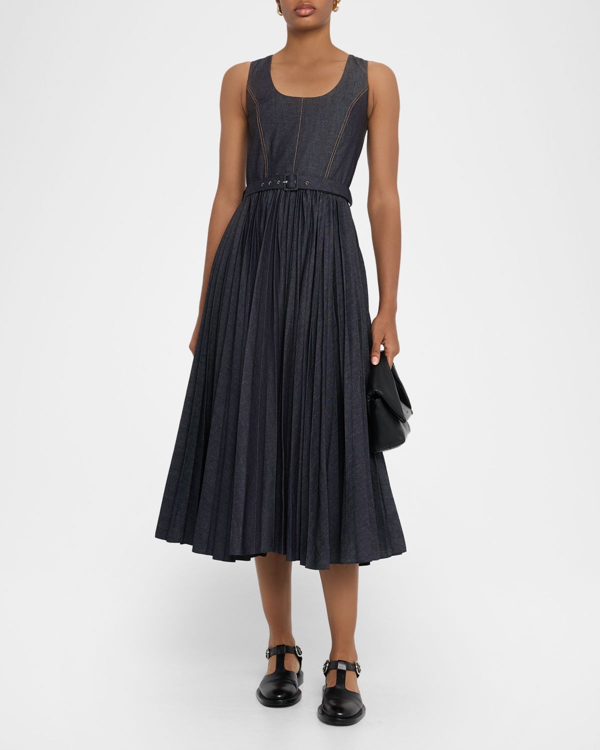 Dice Kayek Sleeveless Pleated Denim Midi Dress With Belt