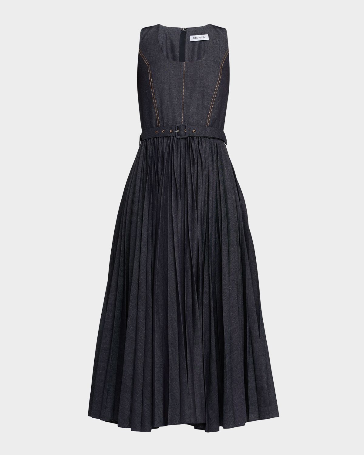 Dice Kayek Sleeveless Pleated Denim Midi Dress With Belt