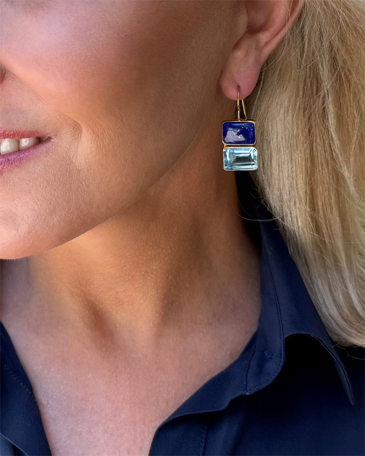 Dina Mackney Rectangular Lapis and Blue Topaz Earrings