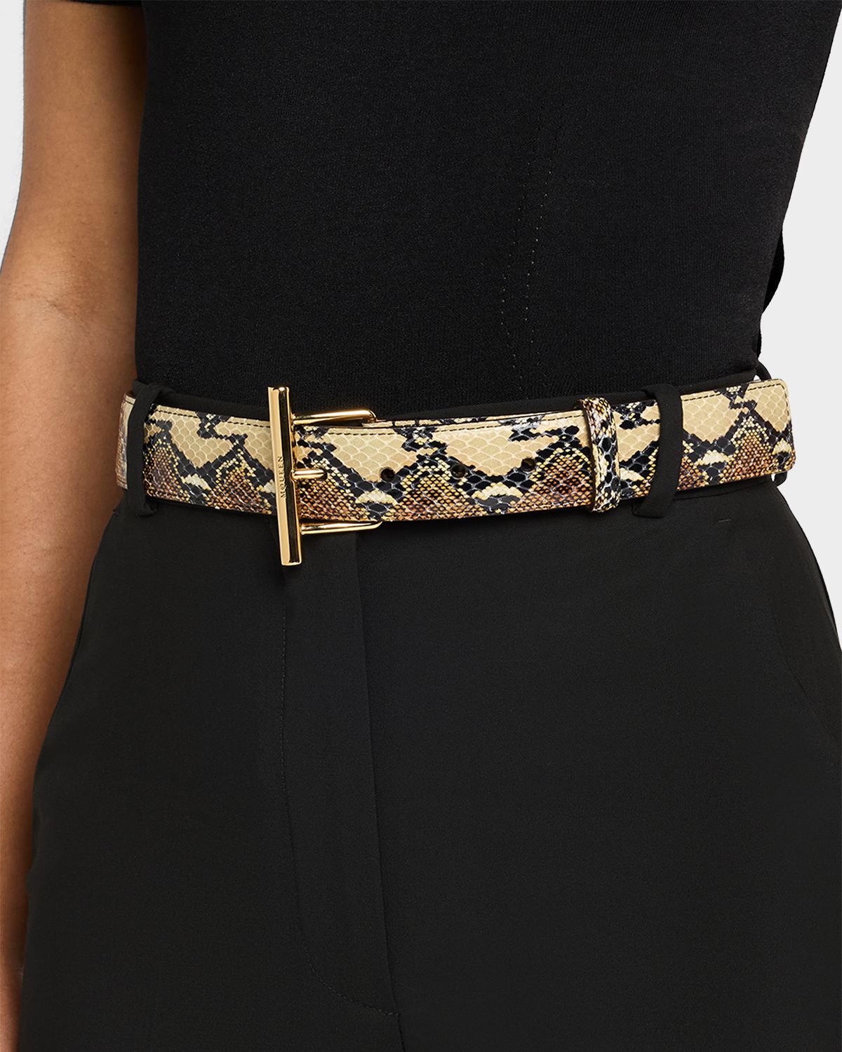 McQueen T-Bar Snakeskin-Print Leather Skinny Belt