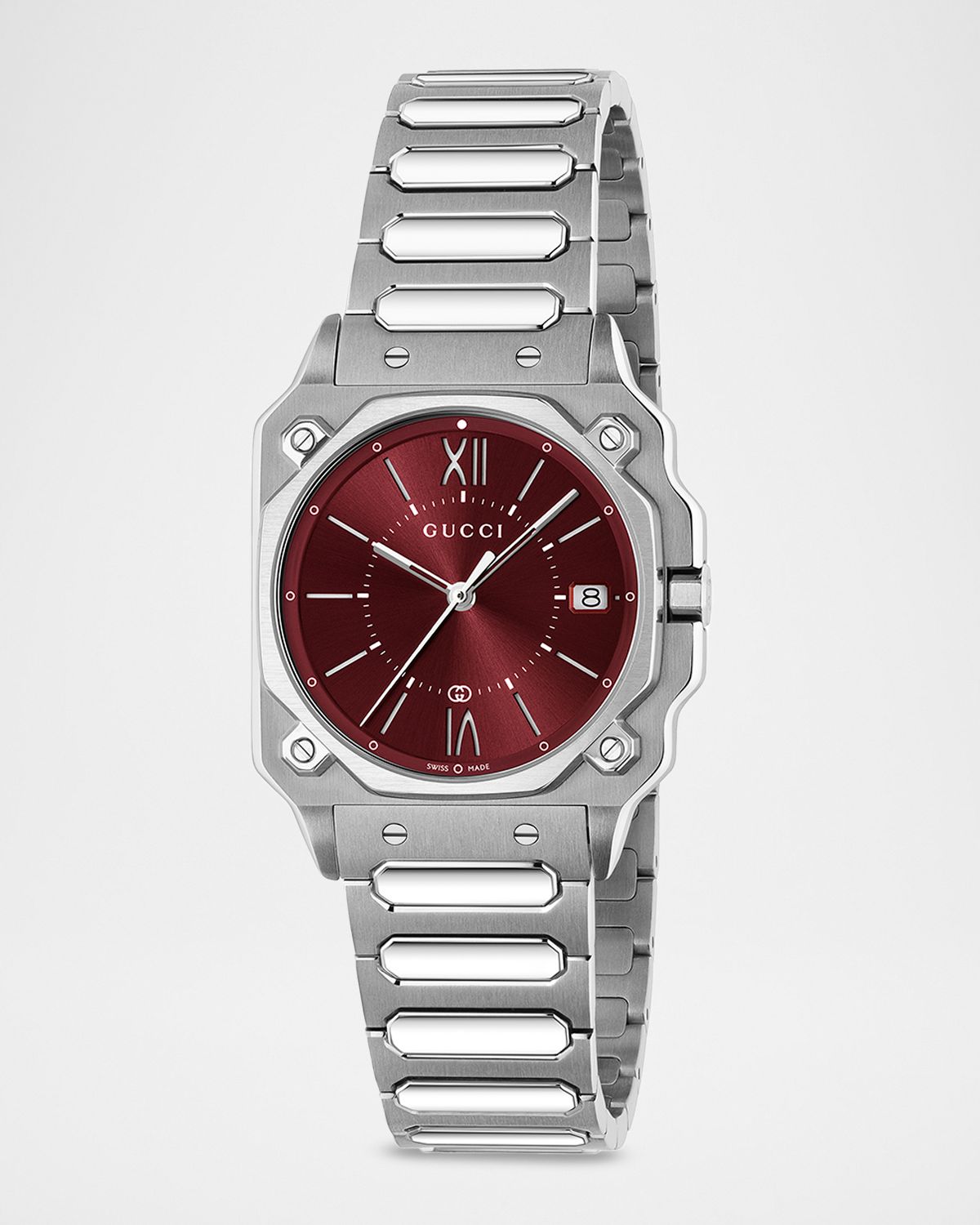 Gucci Men 's G-Flat Burgundy-Dial Stainless Steel Bracelet Watch, 30mm
