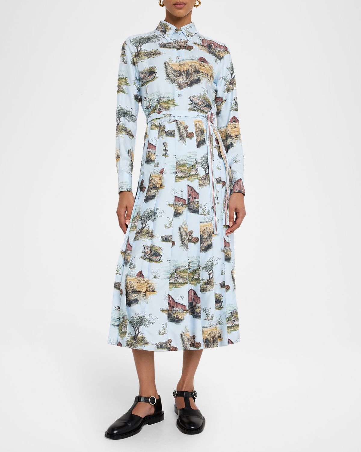 Thom Browne Scenic Toile Silk Twill Pleated Midi Shirtdress With Belt