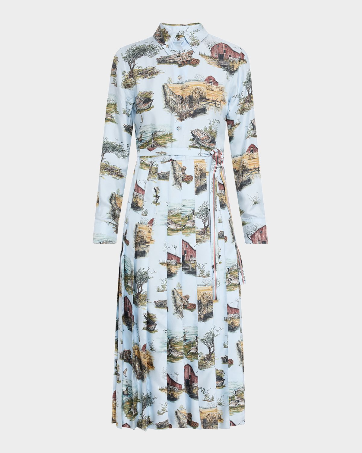 Thom Browne Scenic Toile Silk Twill Pleated Midi Shirtdress With Belt