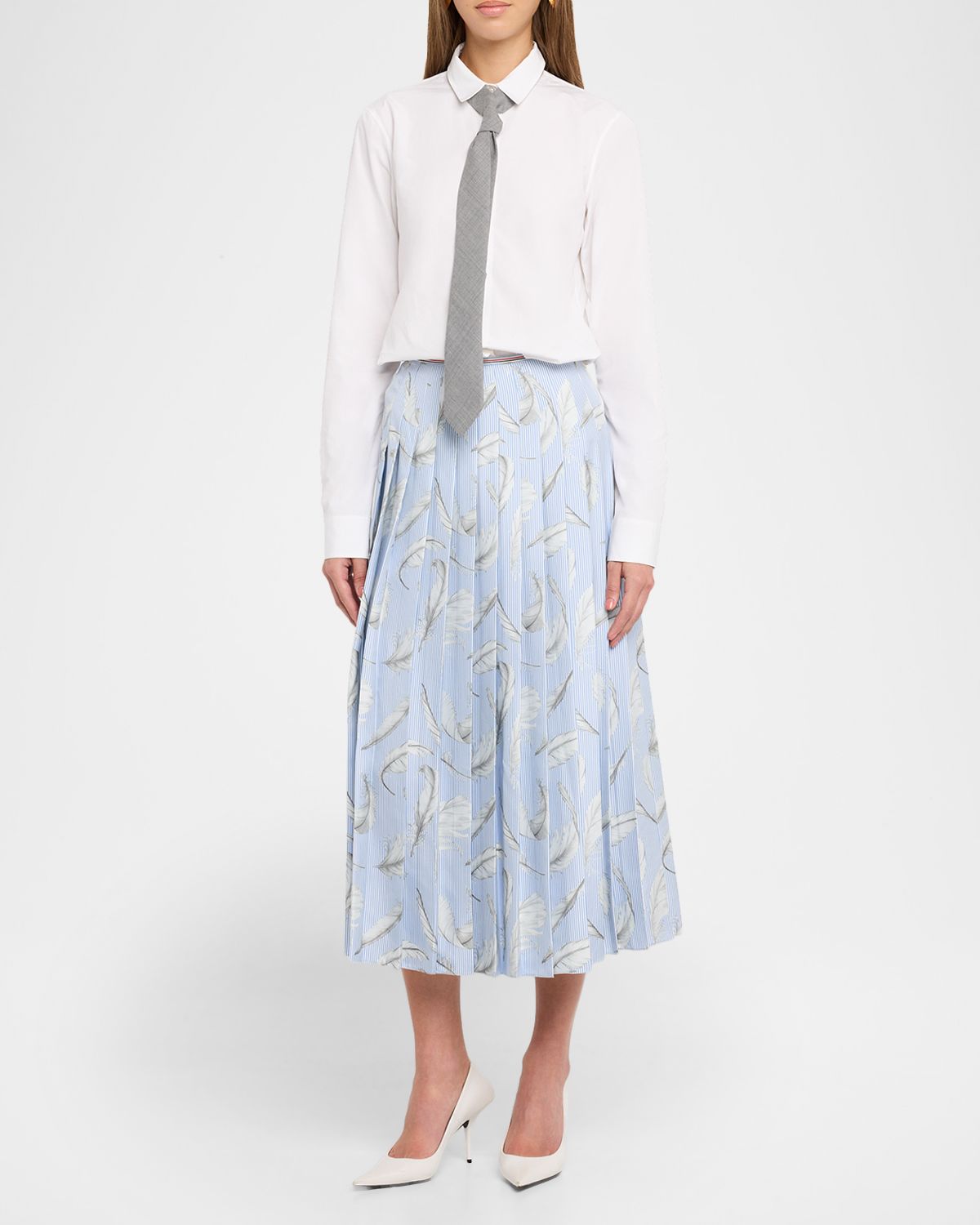 Thom Browne Feather-Print Silk Twill Pleated Midi Skirt