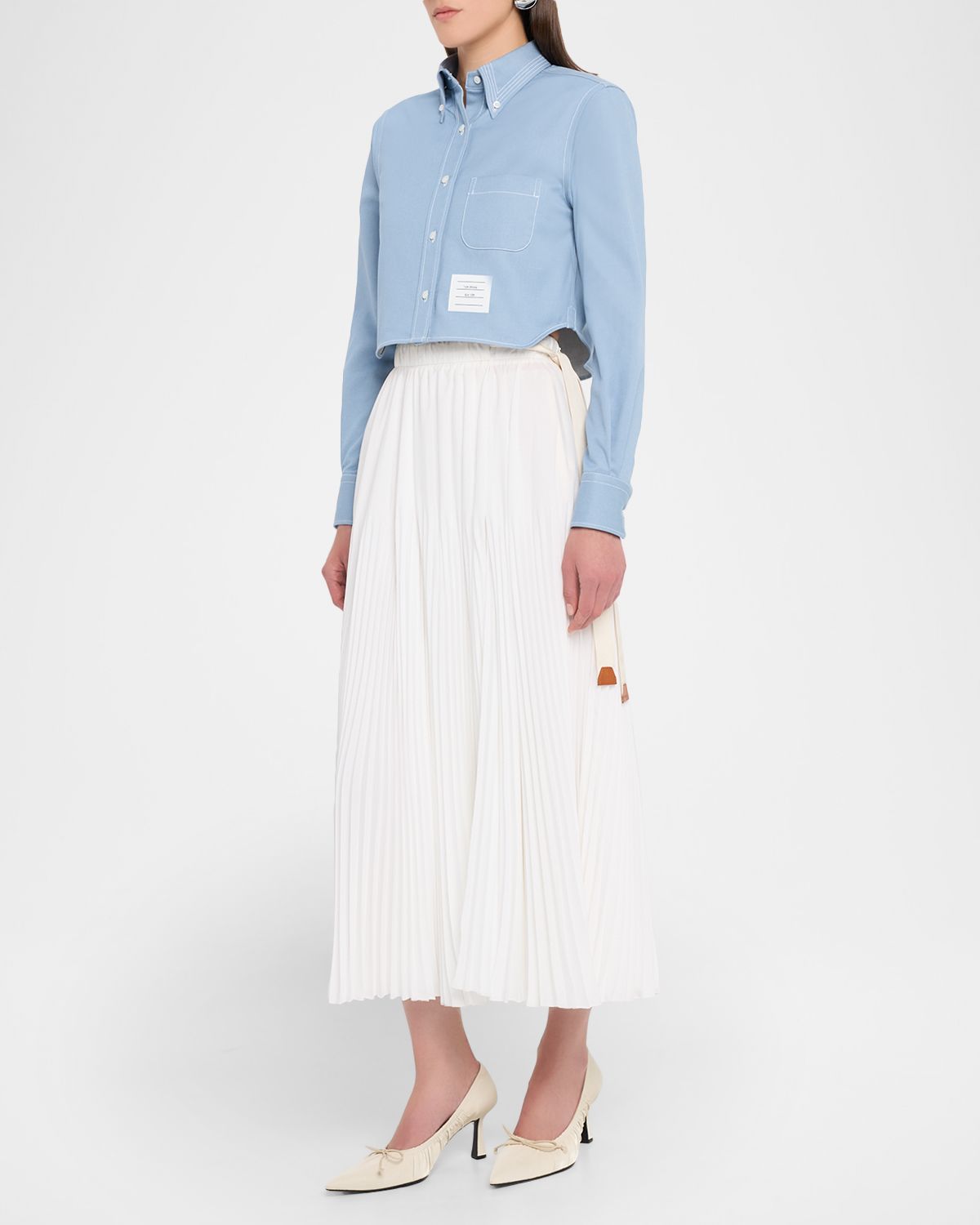 Thom Browne Long-Sleeve Denim Crop Button-Down Shirt