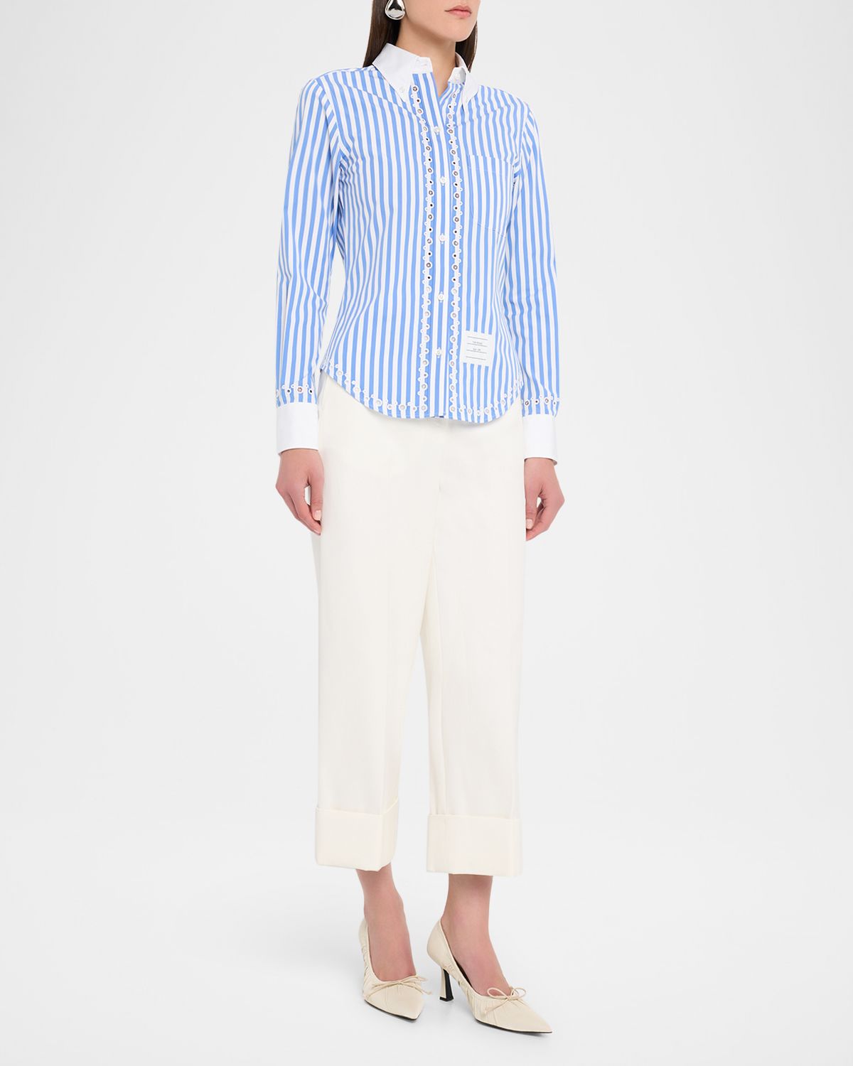 Thom Browne Long-Sleeve Broderie Anglaise Shirt in Awning Stripe