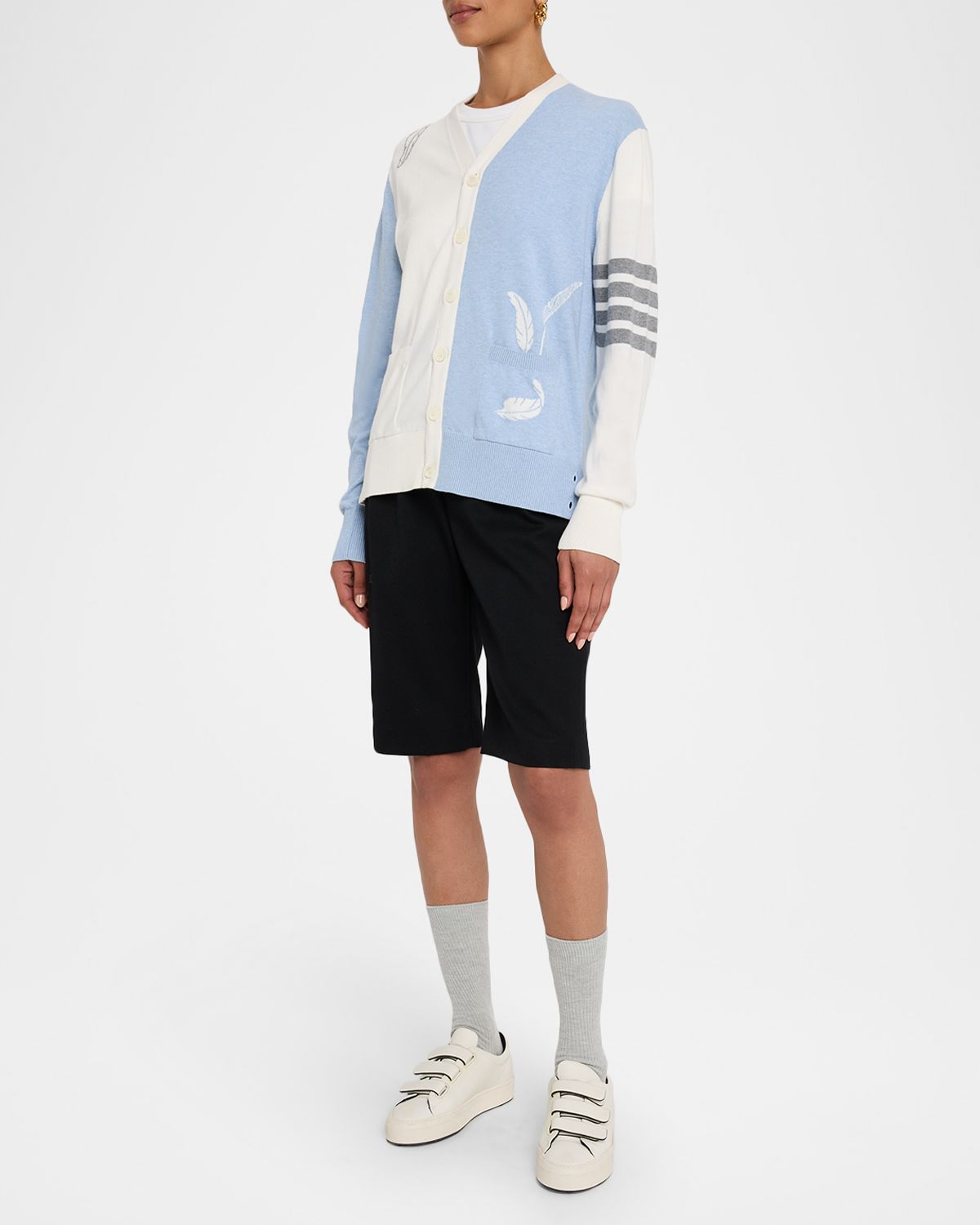 Thom Browne Fun Mix Feather Jersey 4-Bar V-Neck Cardigan