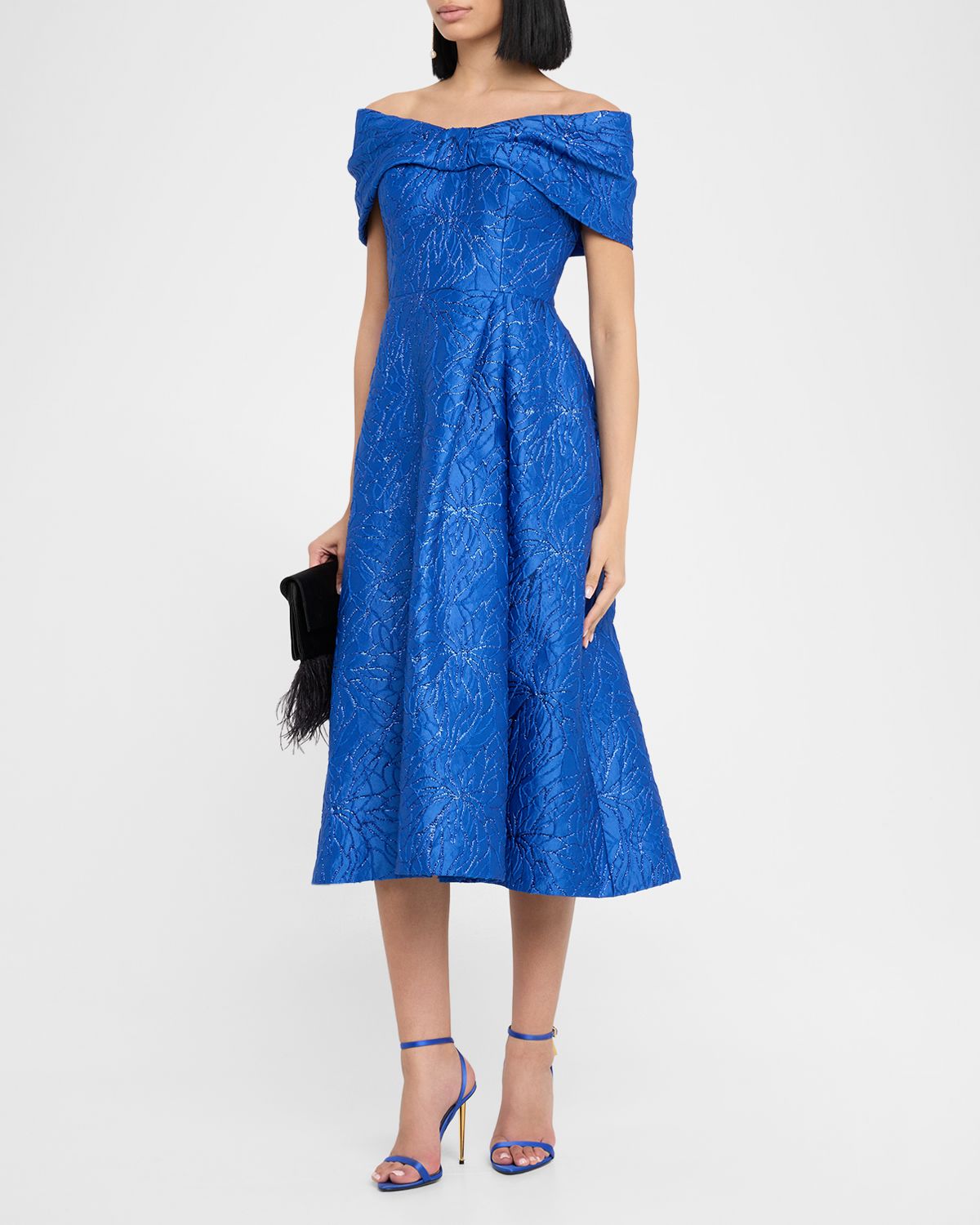 Rickie Freeman for Teri Jon Off-Shoulder Floral Jacquard Midi Dress