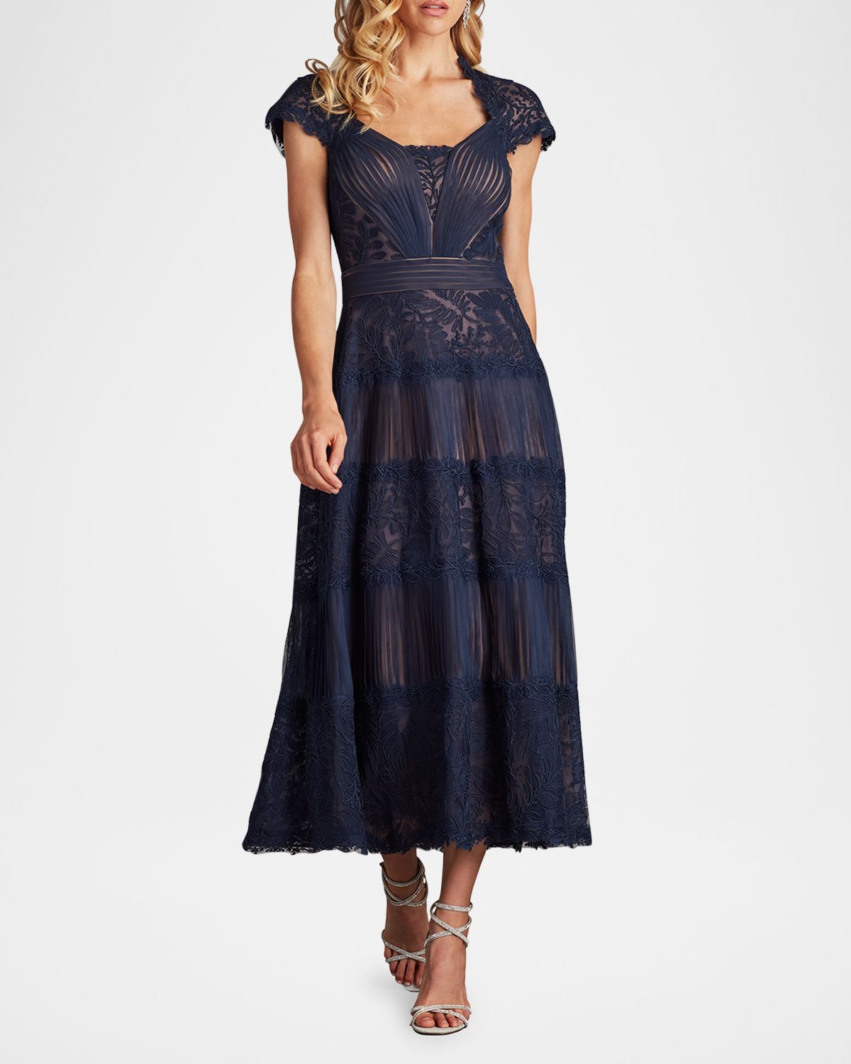Tadashi Shoji Pleated Mesh & Textured Lace Midi Dress