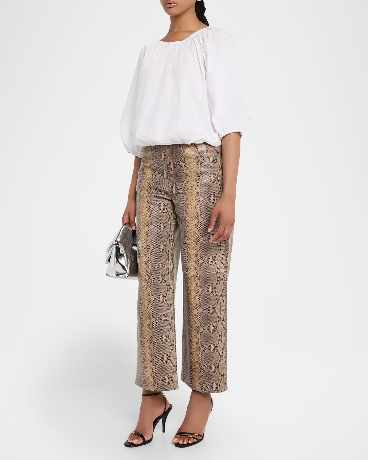 By Malene Birger Cailys Cropped Snake-Embossed Leather Trousers