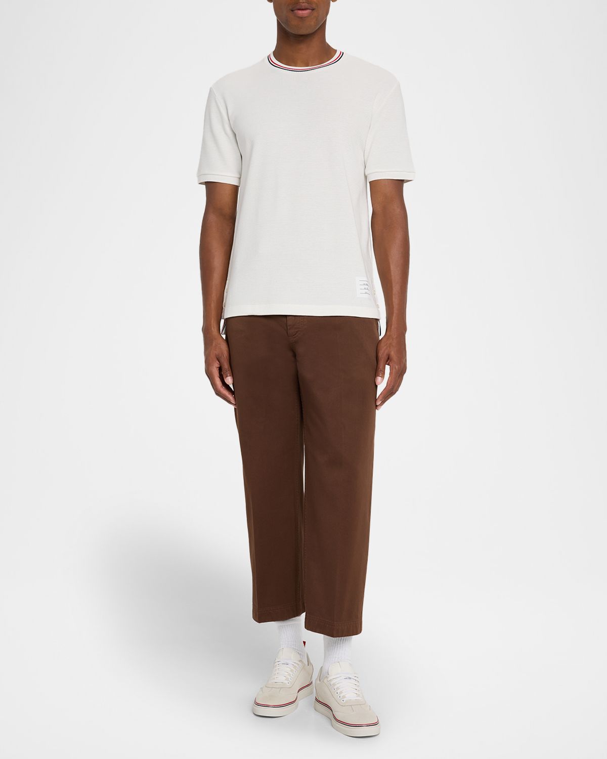 Thom Browne Men 's Stripe-Neck Trim Waffle Knit T-Shirt