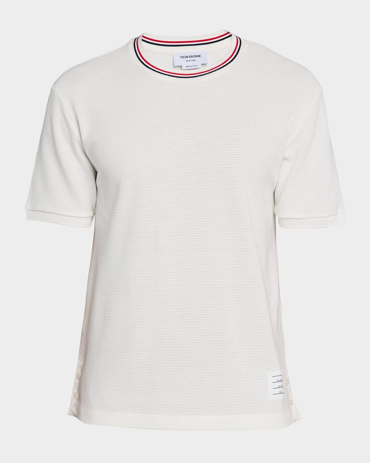 Thom Browne Men 's Stripe-Neck Trim Waffle Knit T-Shirt