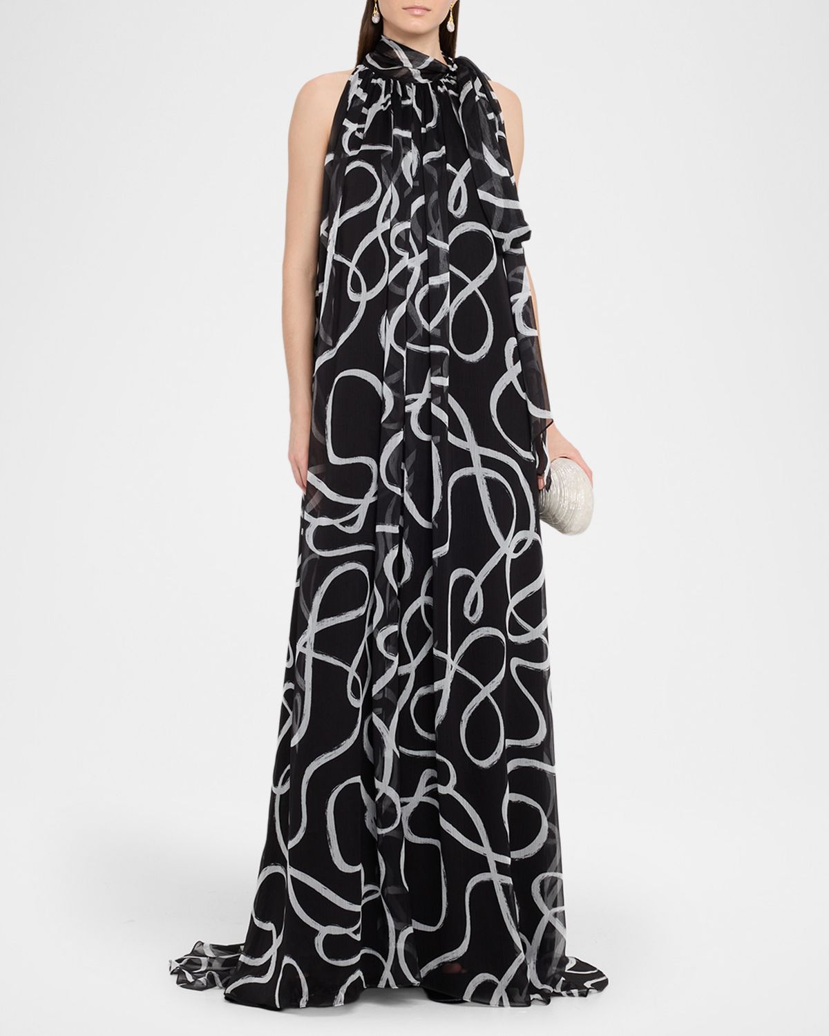 Halston Lyle Brushstroke-Print Chiffon Halter Gown