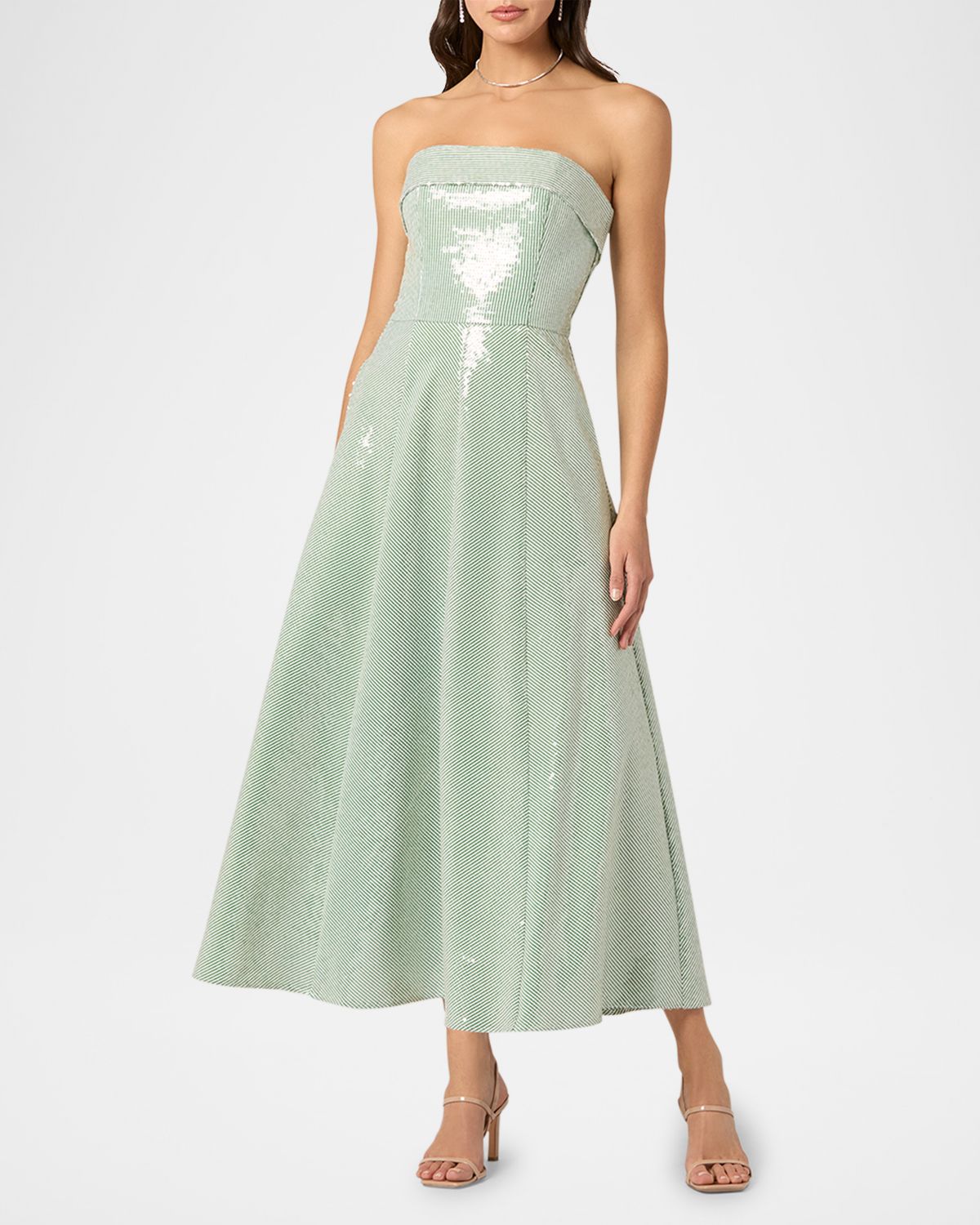 Shoshanna Kirara Strapless Striped Sequin Midi Dress