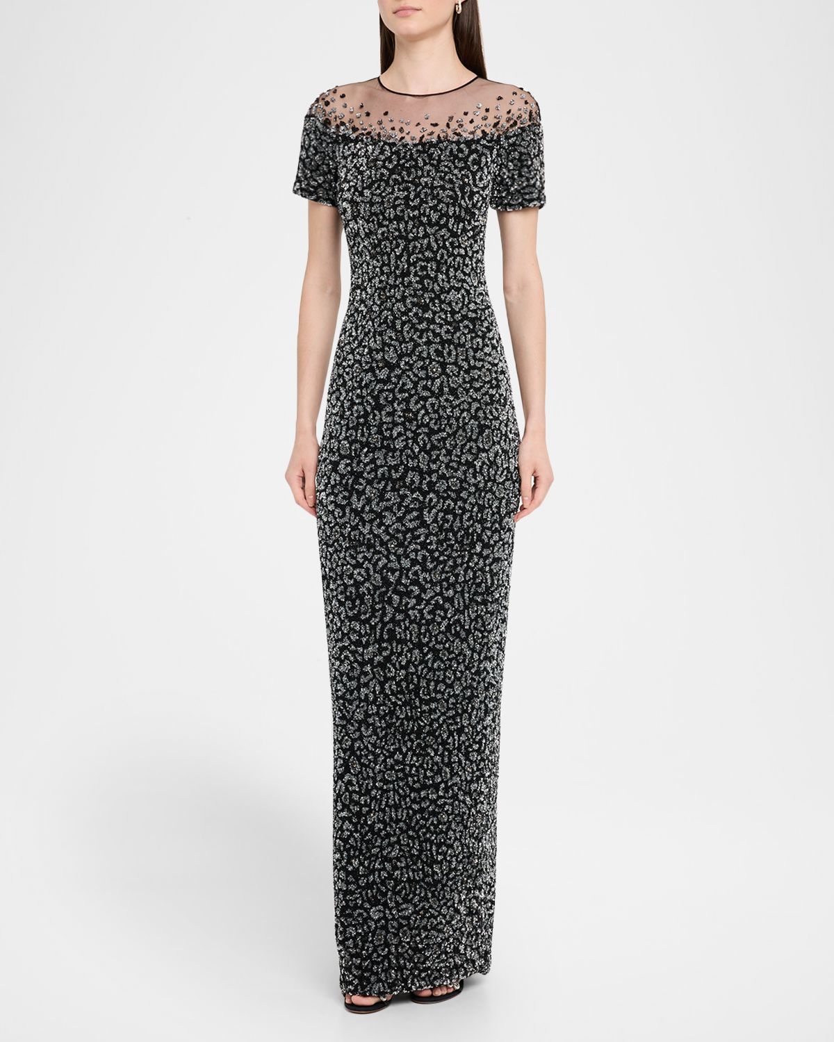 Pamella Roland Leopard Sequined Off-The-Shoulder Illusion Gown