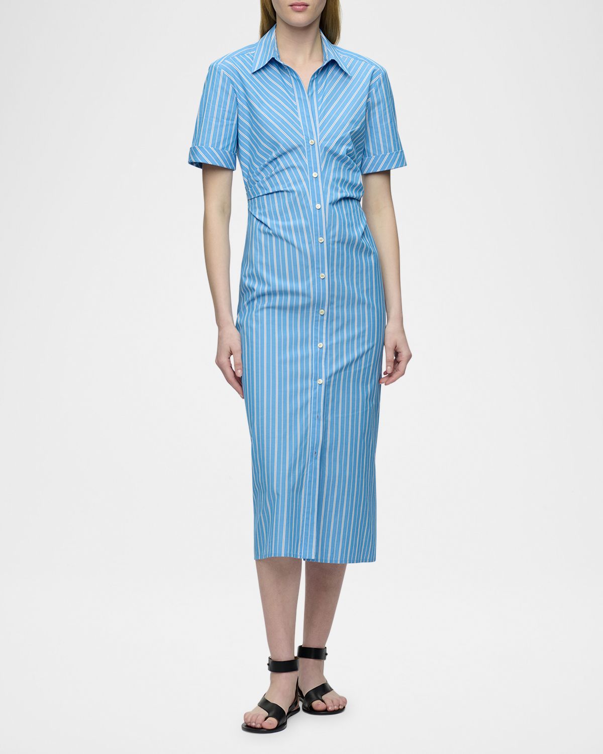 CALLAS Milano Lou Pleated Striped Cotton Midi Shirtdress