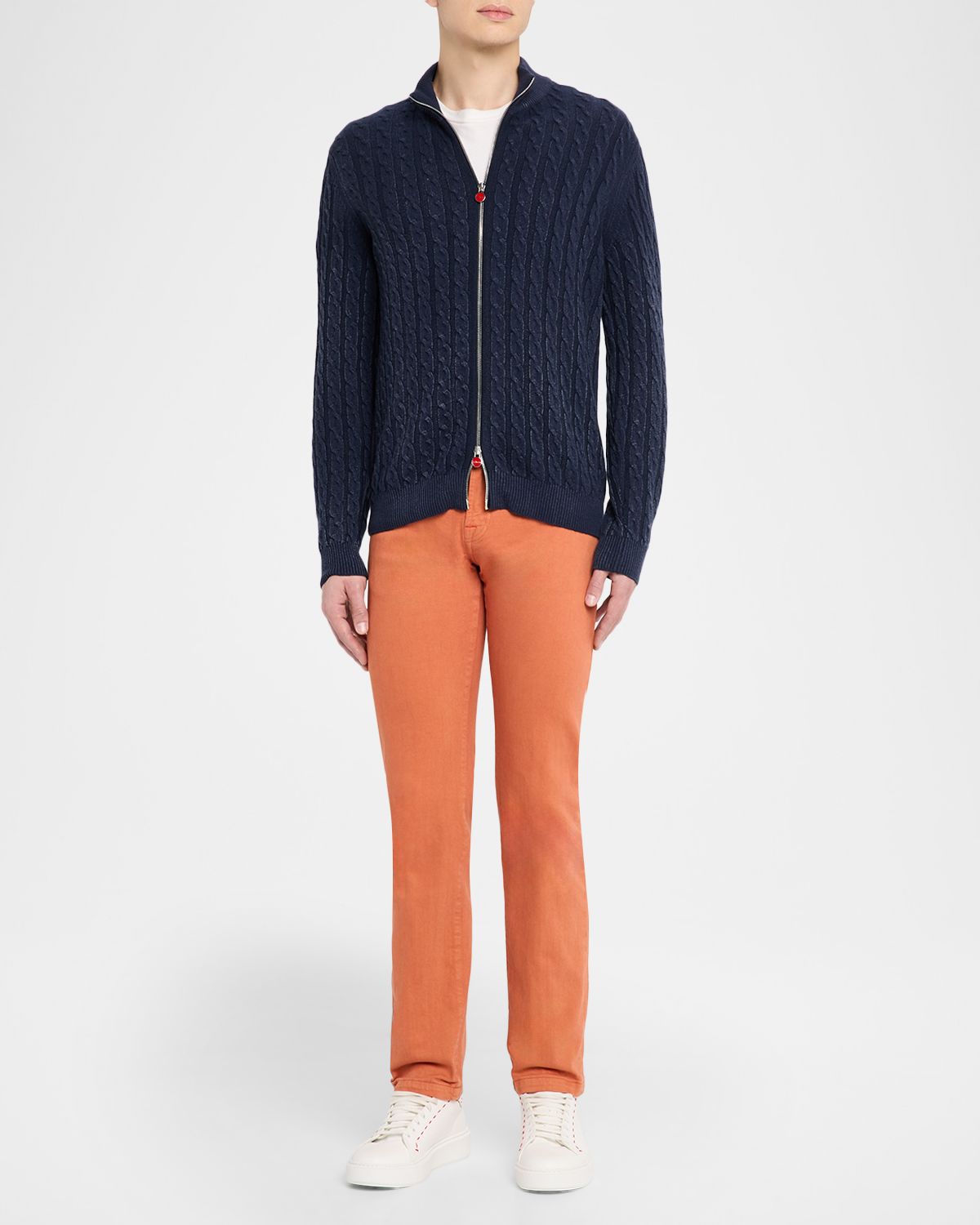 Kiton Men 's Washed Cashmere Cable Knit Full-Zip Sweater