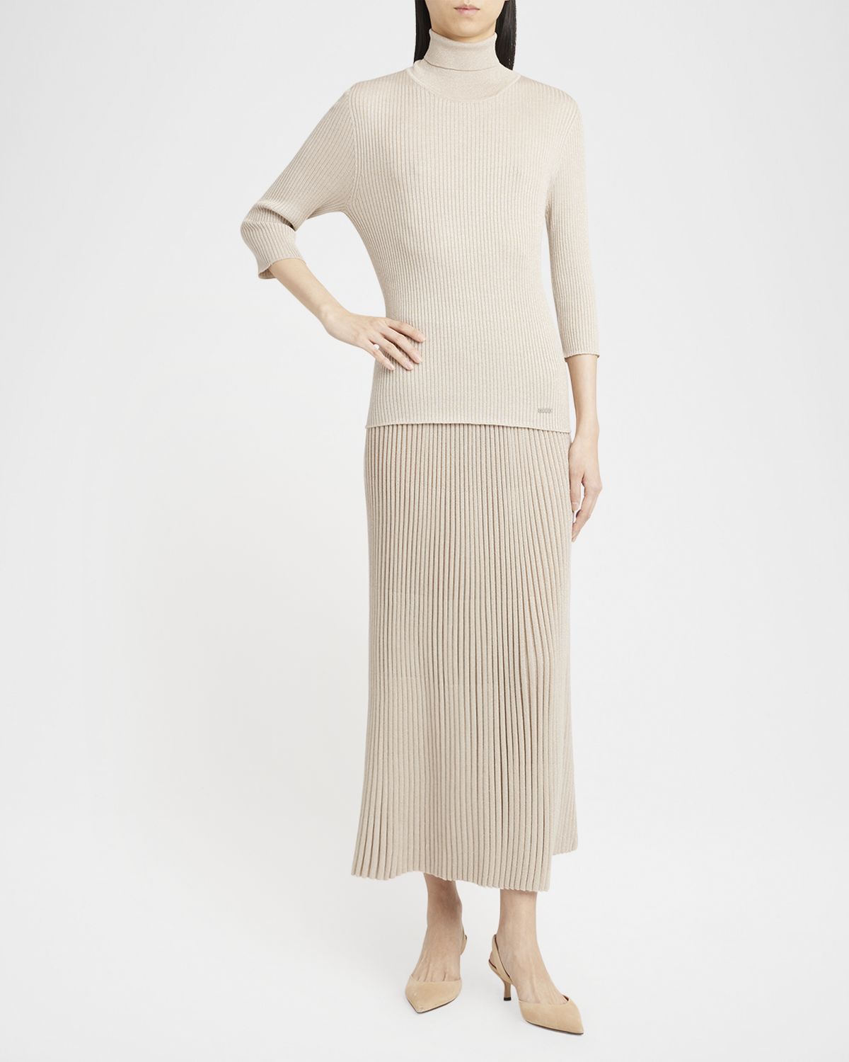 Kiton Turtleneck Metallic Rib 3/4-Sleeve Sweater