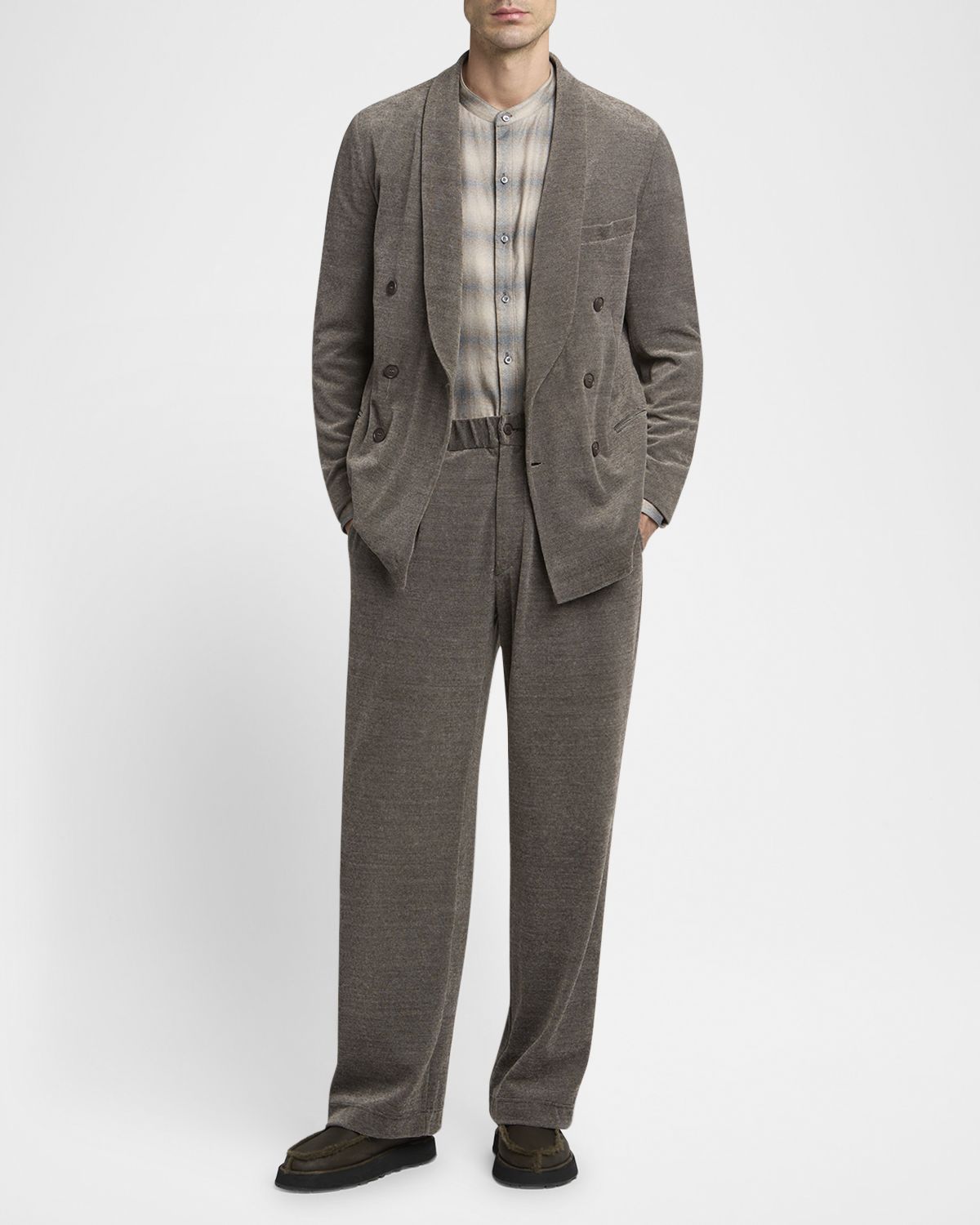 Giorgio Armani Men's Faded Plaid Cotton and Lyocell Nehru-Collar Sport Shirt