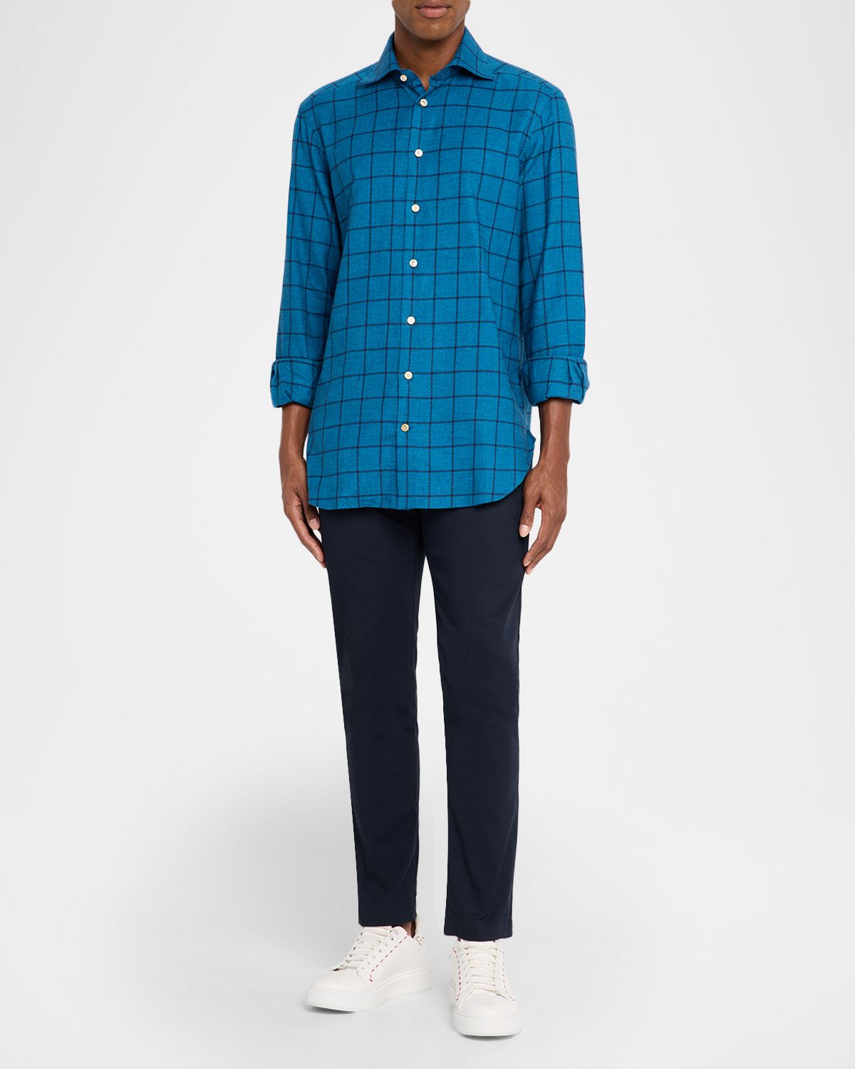 Kiton Men 's Cotton Windowpane Check Sport Shirt