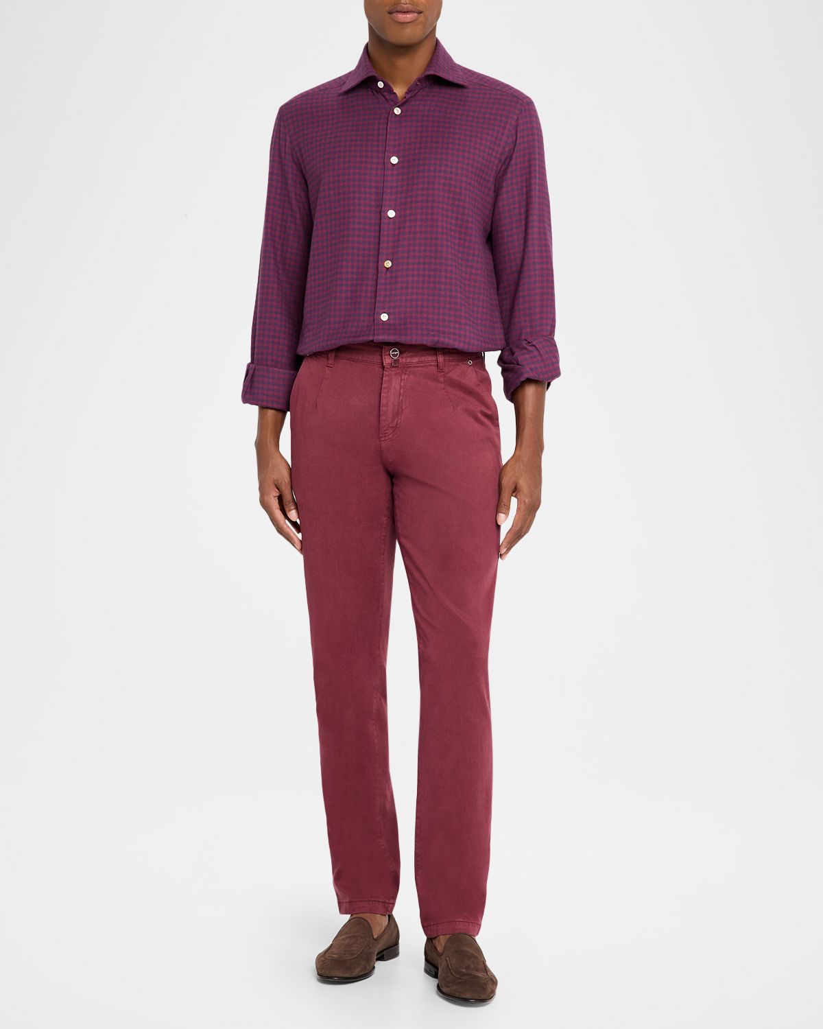 Kiton Men 's Small Gingham Cotton Sport Shirt