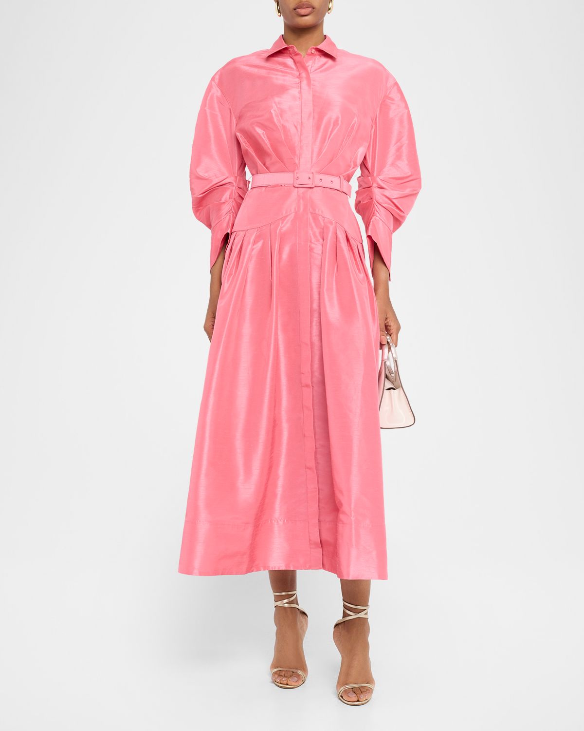 REBECCA VALLANCE Maple Pleated Taffeta Midi Shirtdress