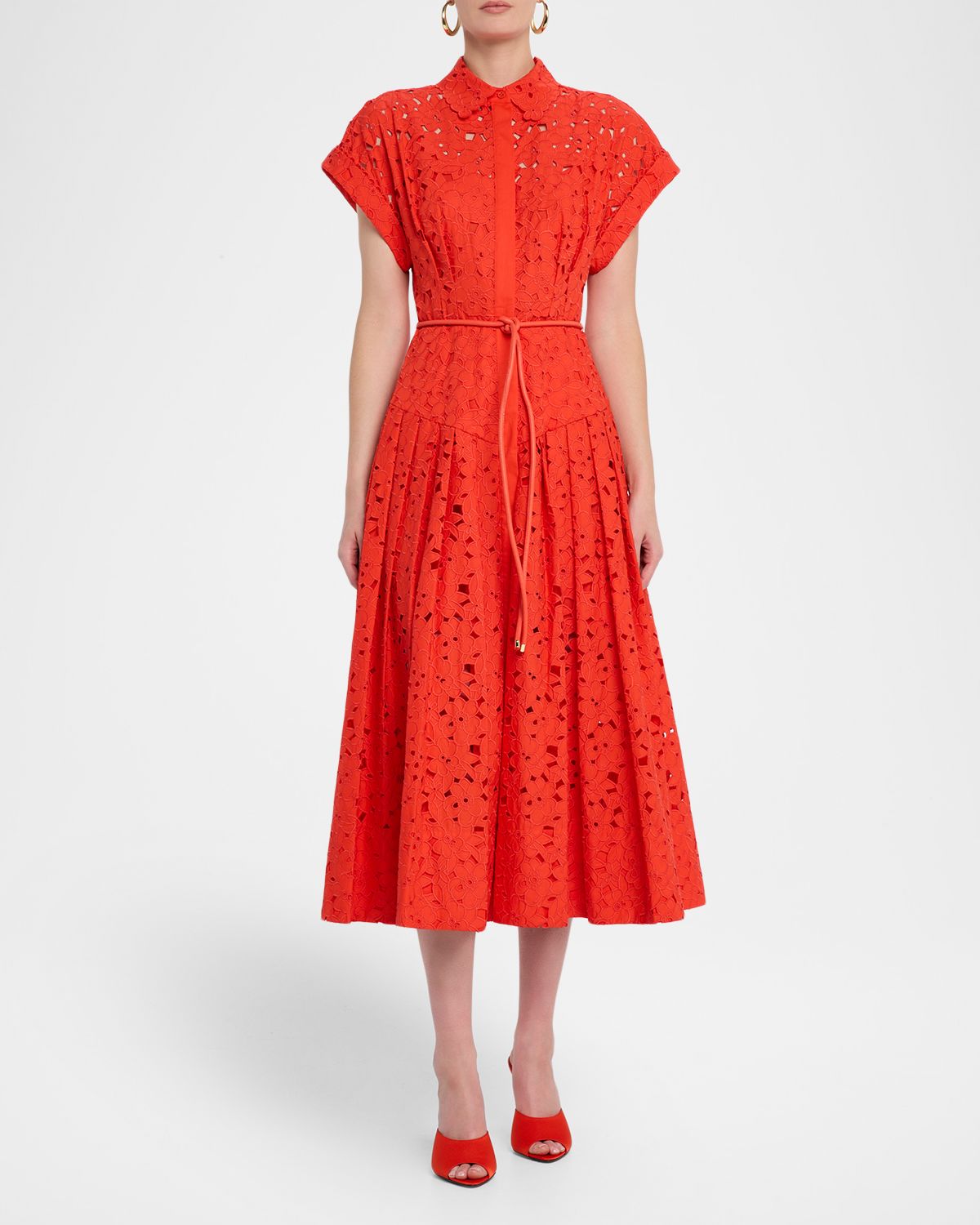 REBECCA VALLANCE Blaire Pleated Floral Lace Midi Shirtdress
