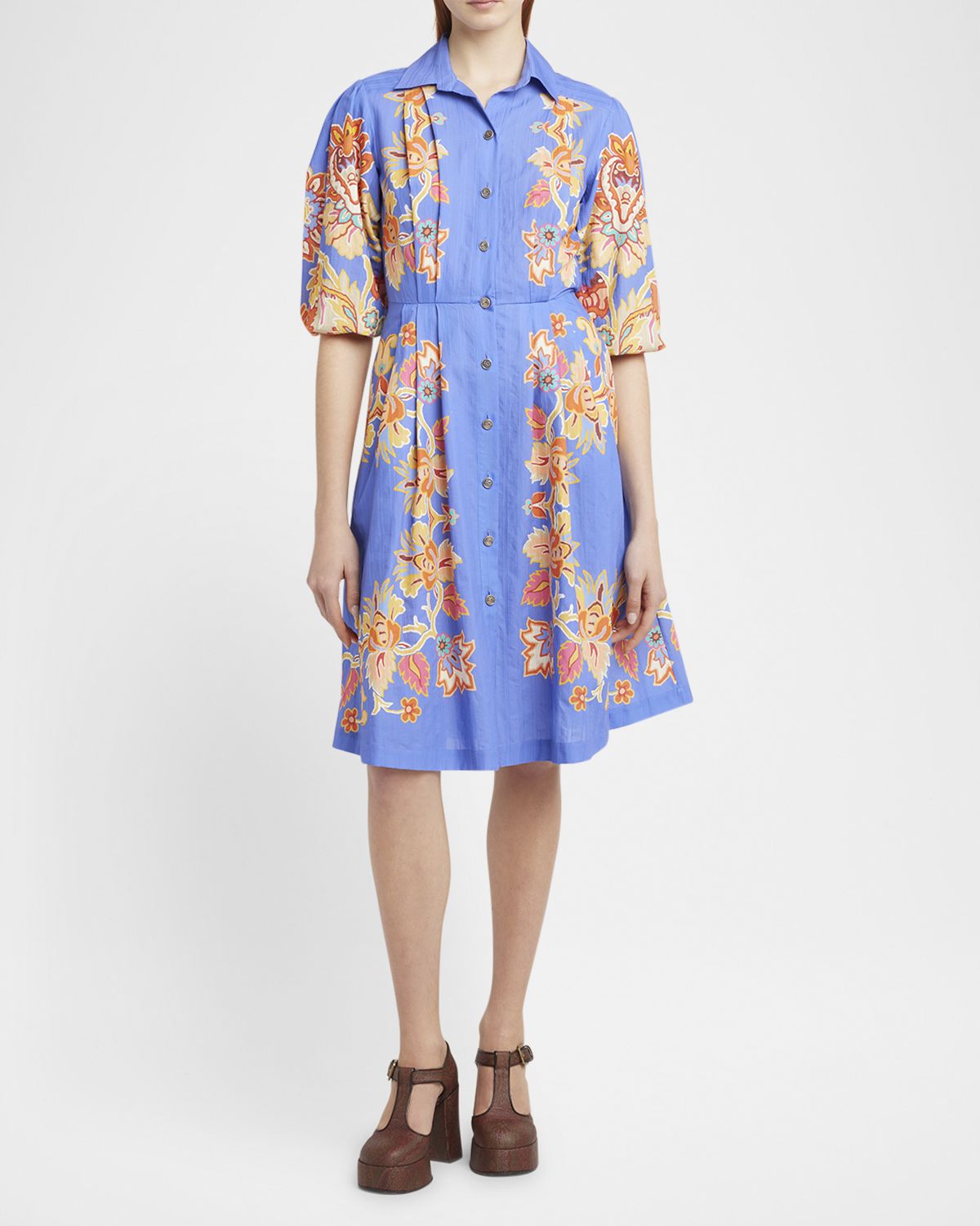 Etro Pleated Blue Bouquet Puff-Sleeve Shirtdress