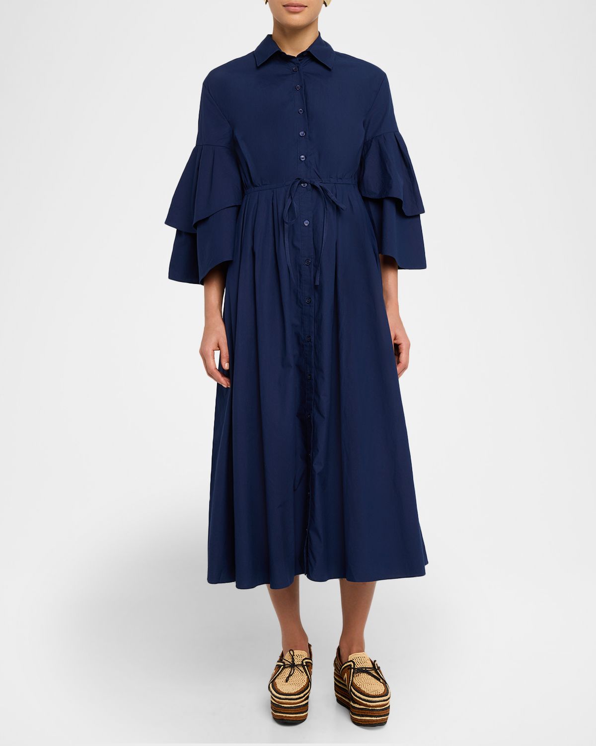 Rosie Assoulin Fiesta Ruffle-Sleeve Midi Shirtdress