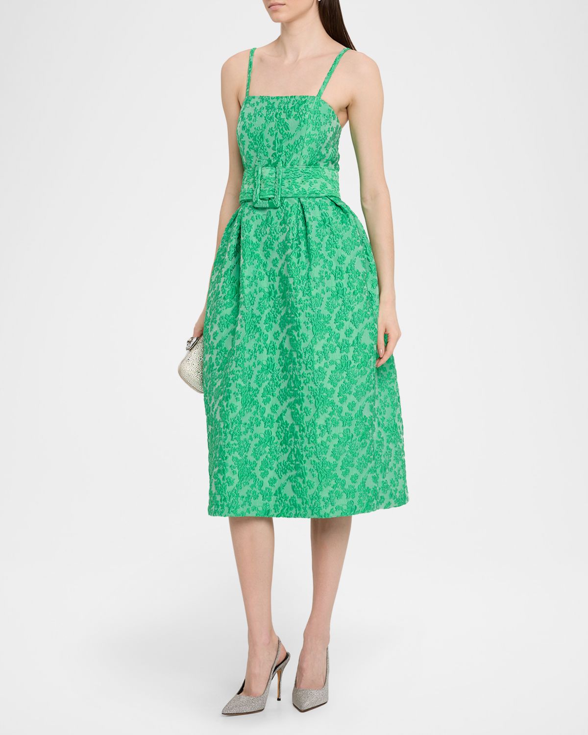 Rosie Assoulin Artichoke Floral Jacquard Midi Dress With Belt
