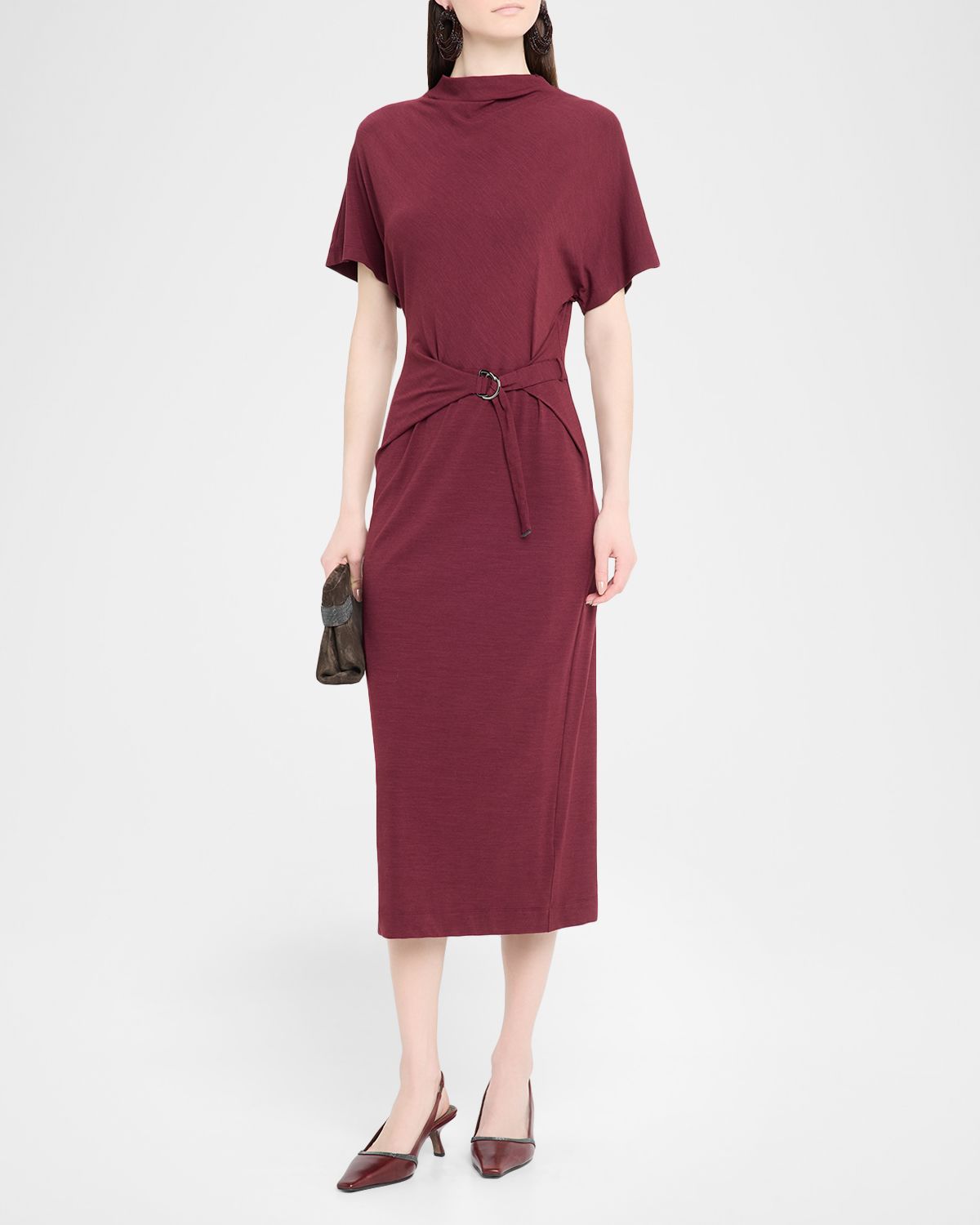 Brunello Cucinelli Drape Short-Sleeve Wool Jersey Midi Wrap Dress