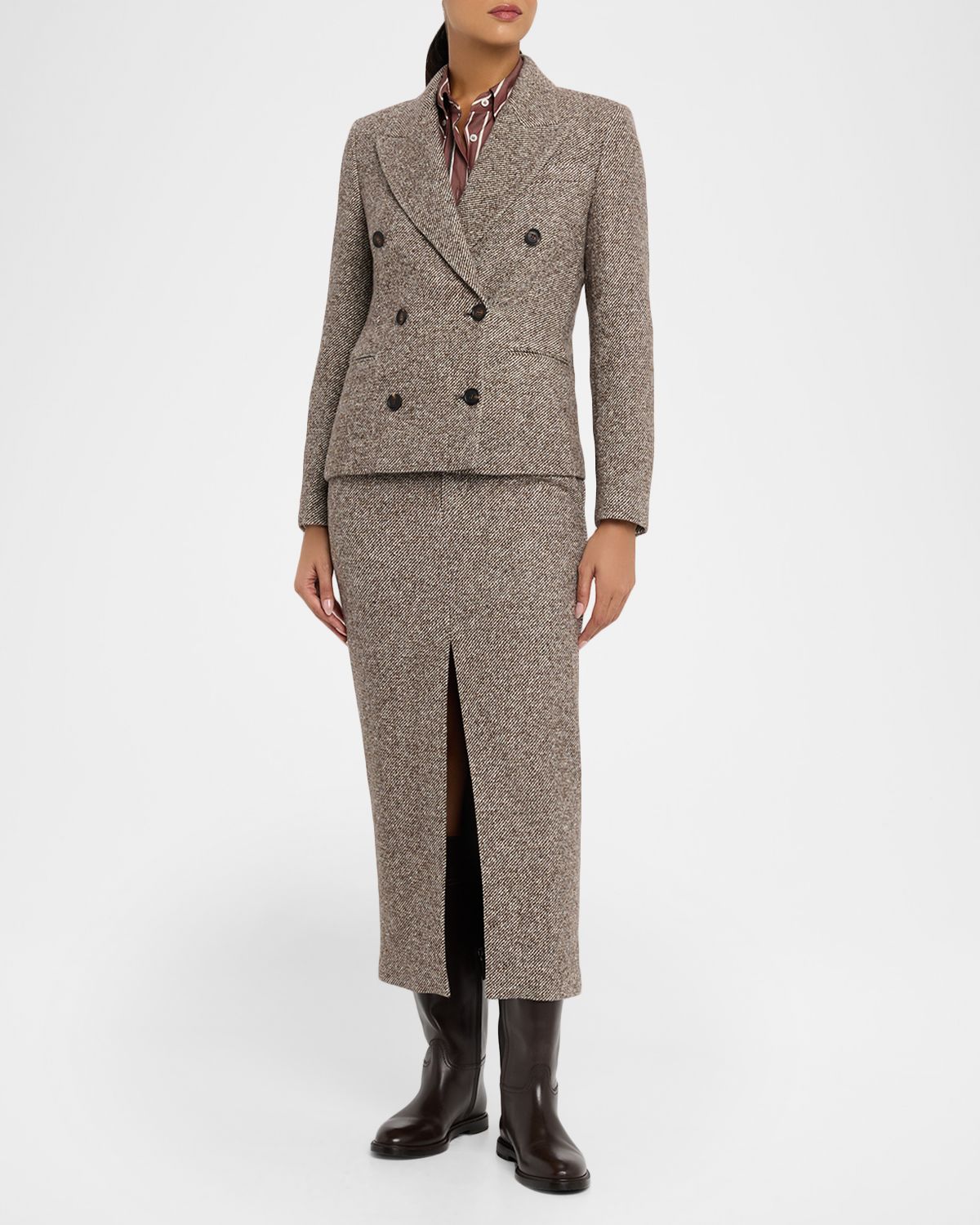 Brunello Cucinelli Virgin Wool and Silk Melange Diagonal Double-Breasted Blazer